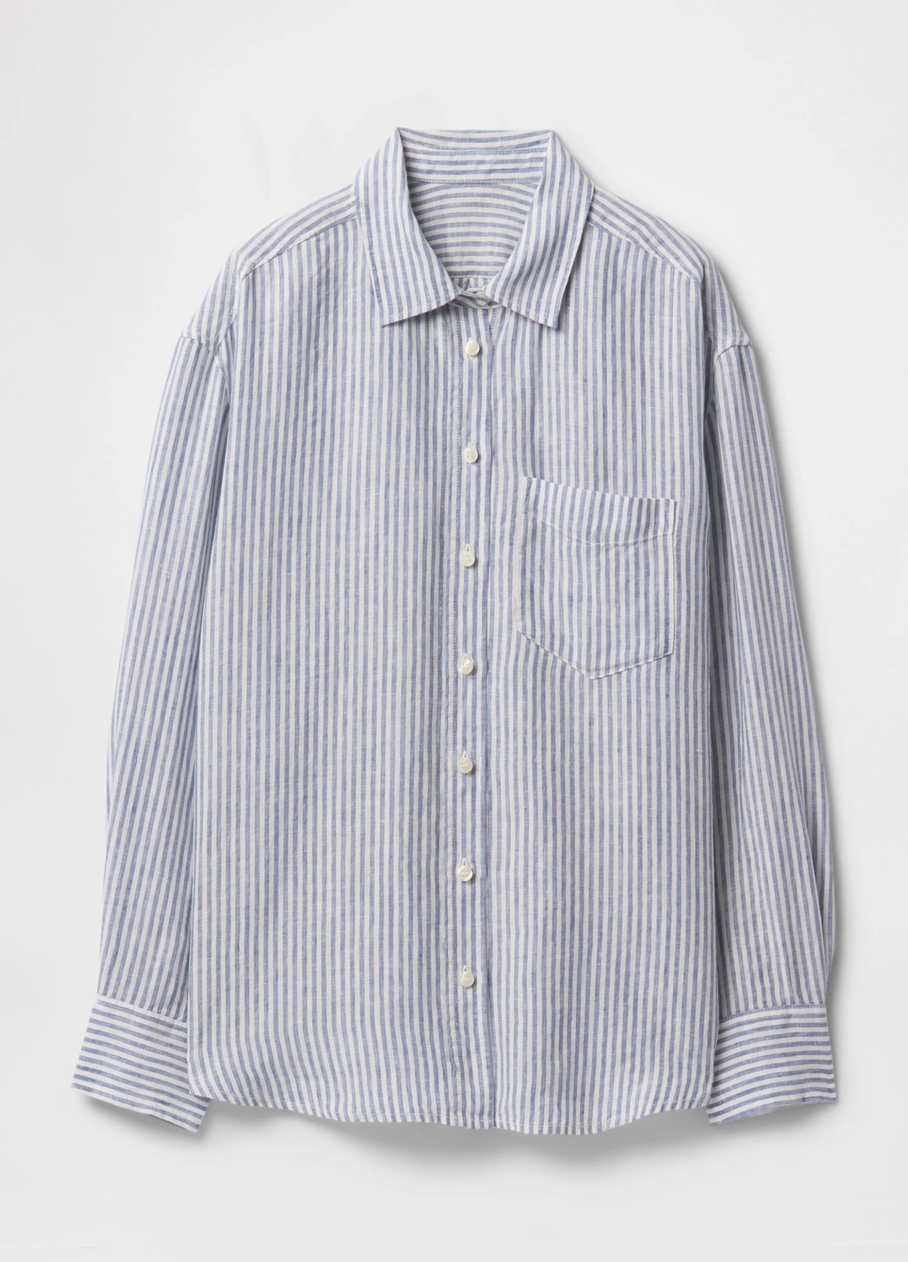 Camicia a righe bianche e blu ampia in puro lino_3