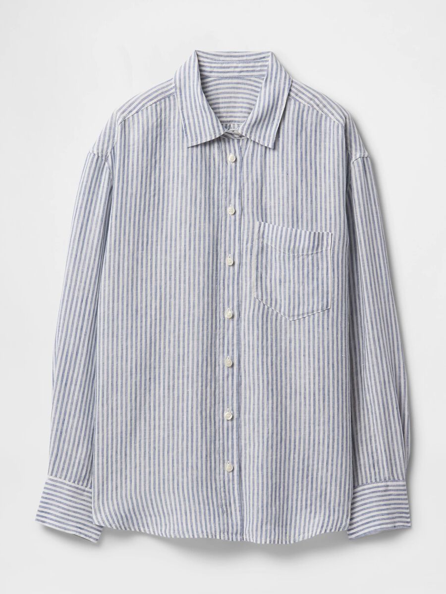 Camicia oversize a righe bianche e blu in lino Donna_3