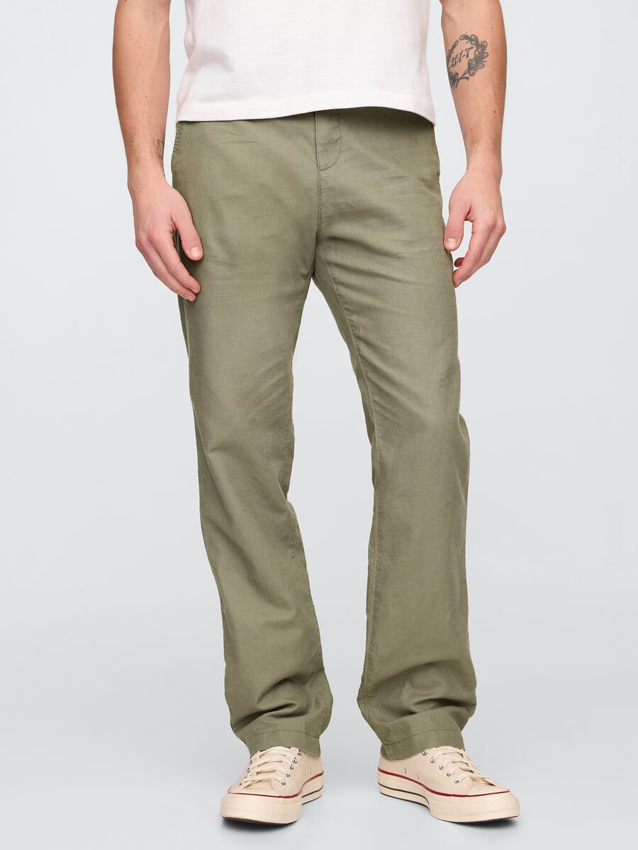 Regular Green Trousers in Linen and Cotton Man_1
