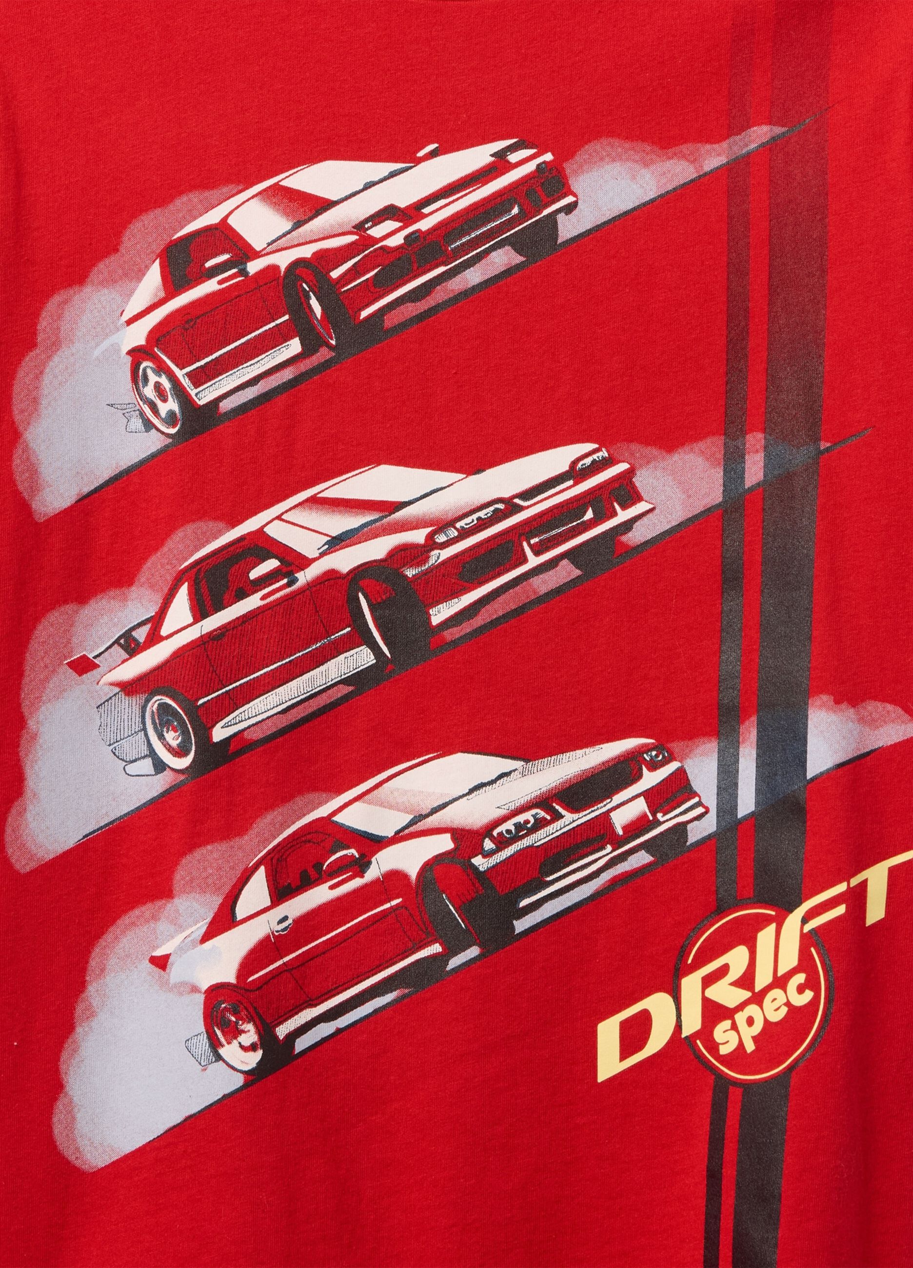 T-shirt rossa con stampa automobilistica_1