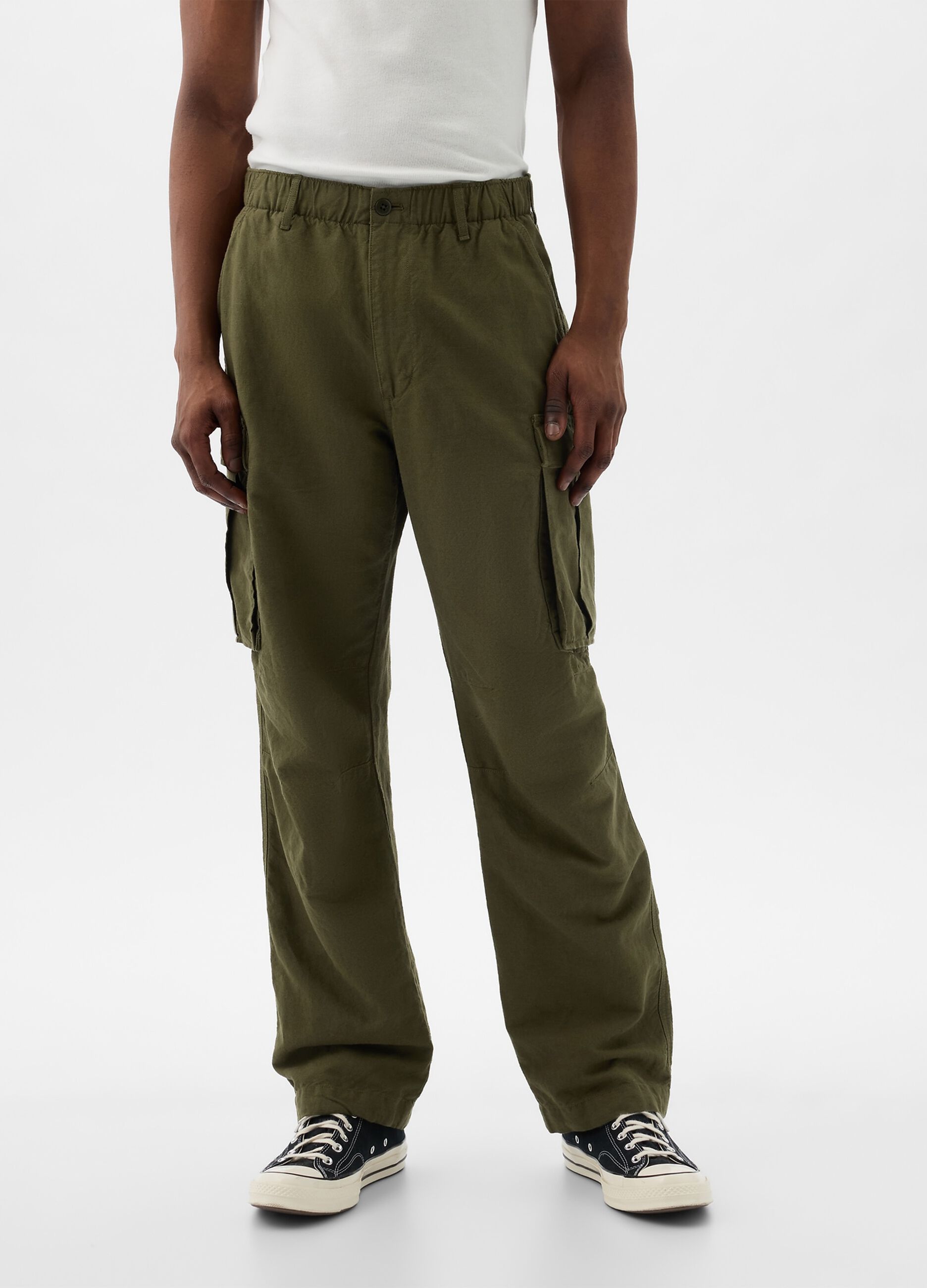 Pantalone parachute cargo in lino e cotone_3