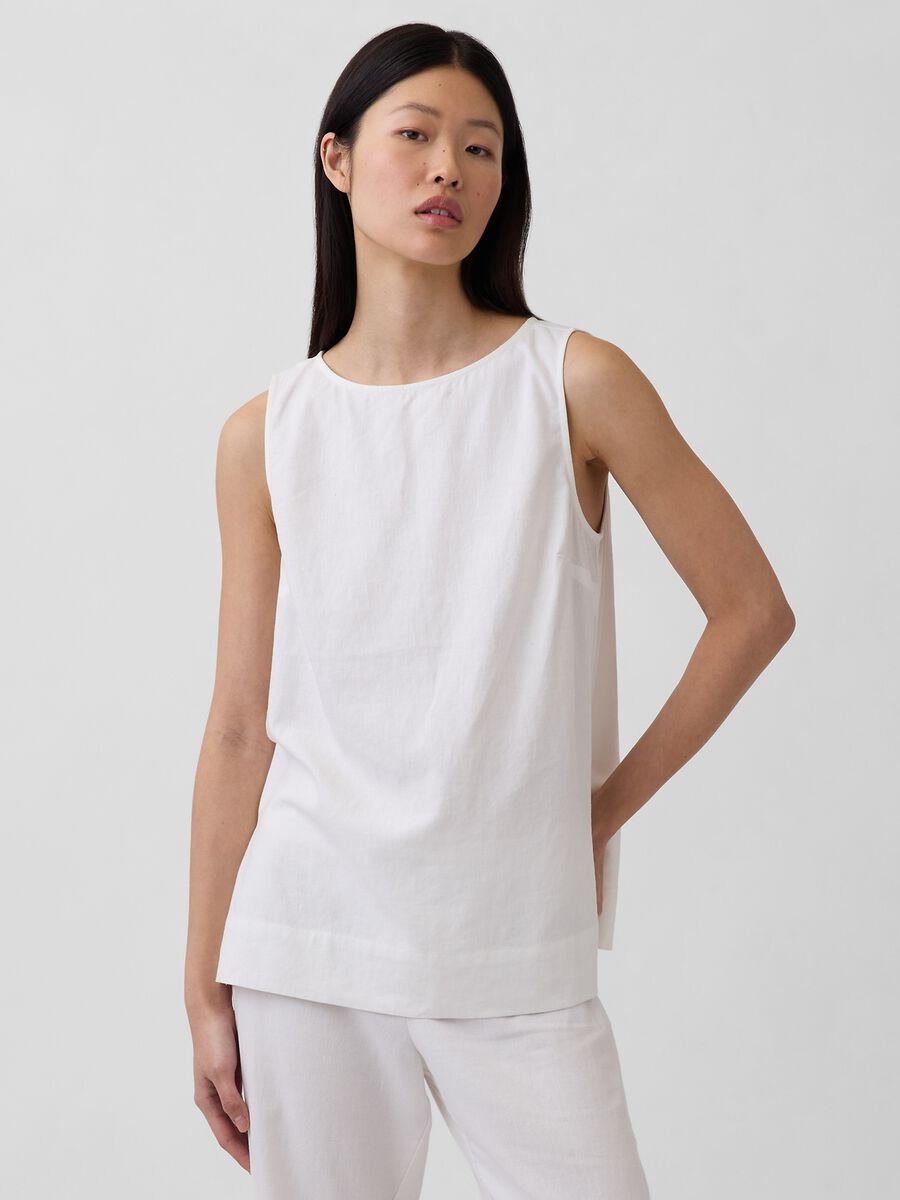Top smanicato in misto lino Donna_0