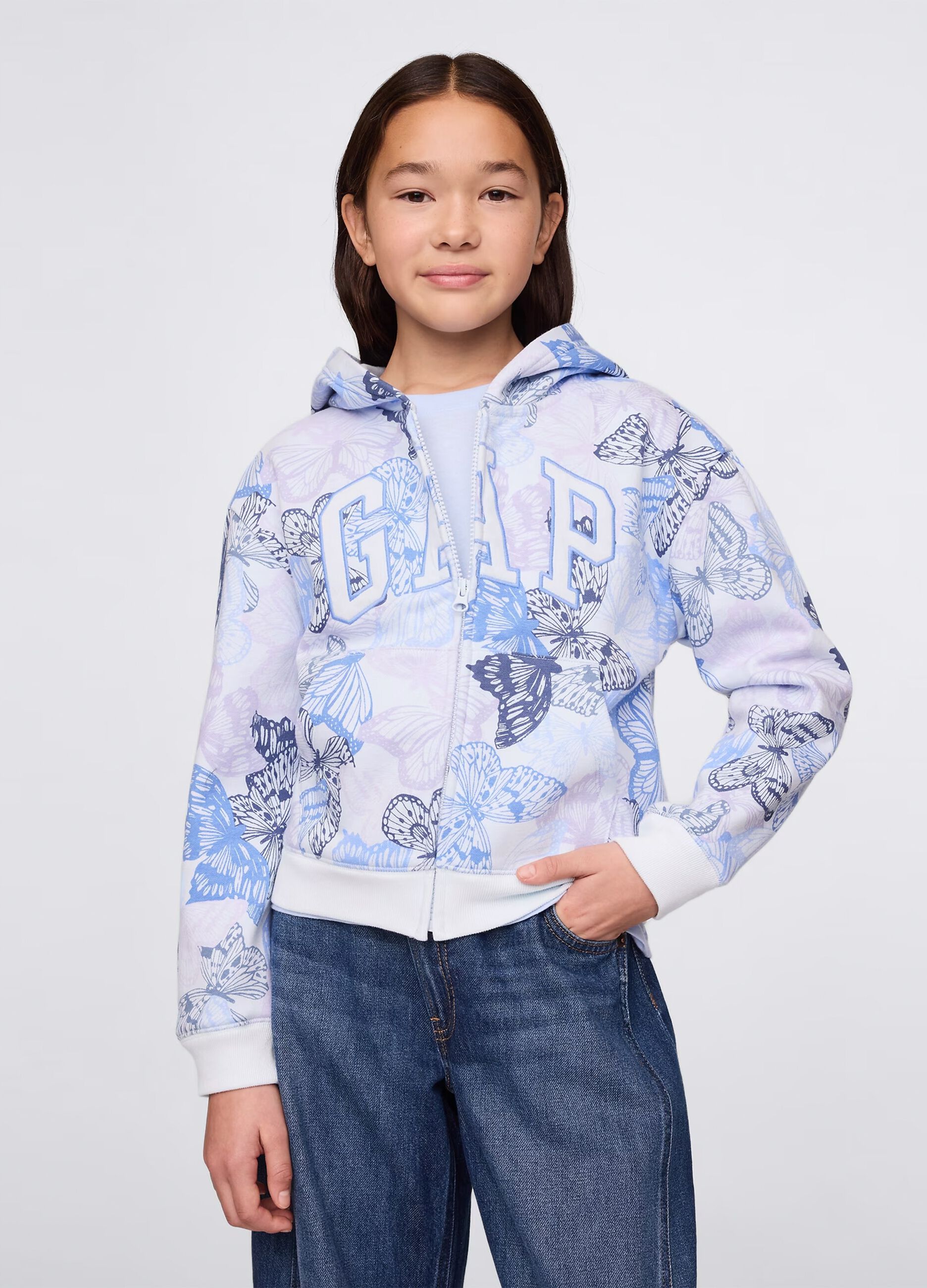 Full-zip azzurra e viola con cappuccio stampa farfalle e ricamo logo