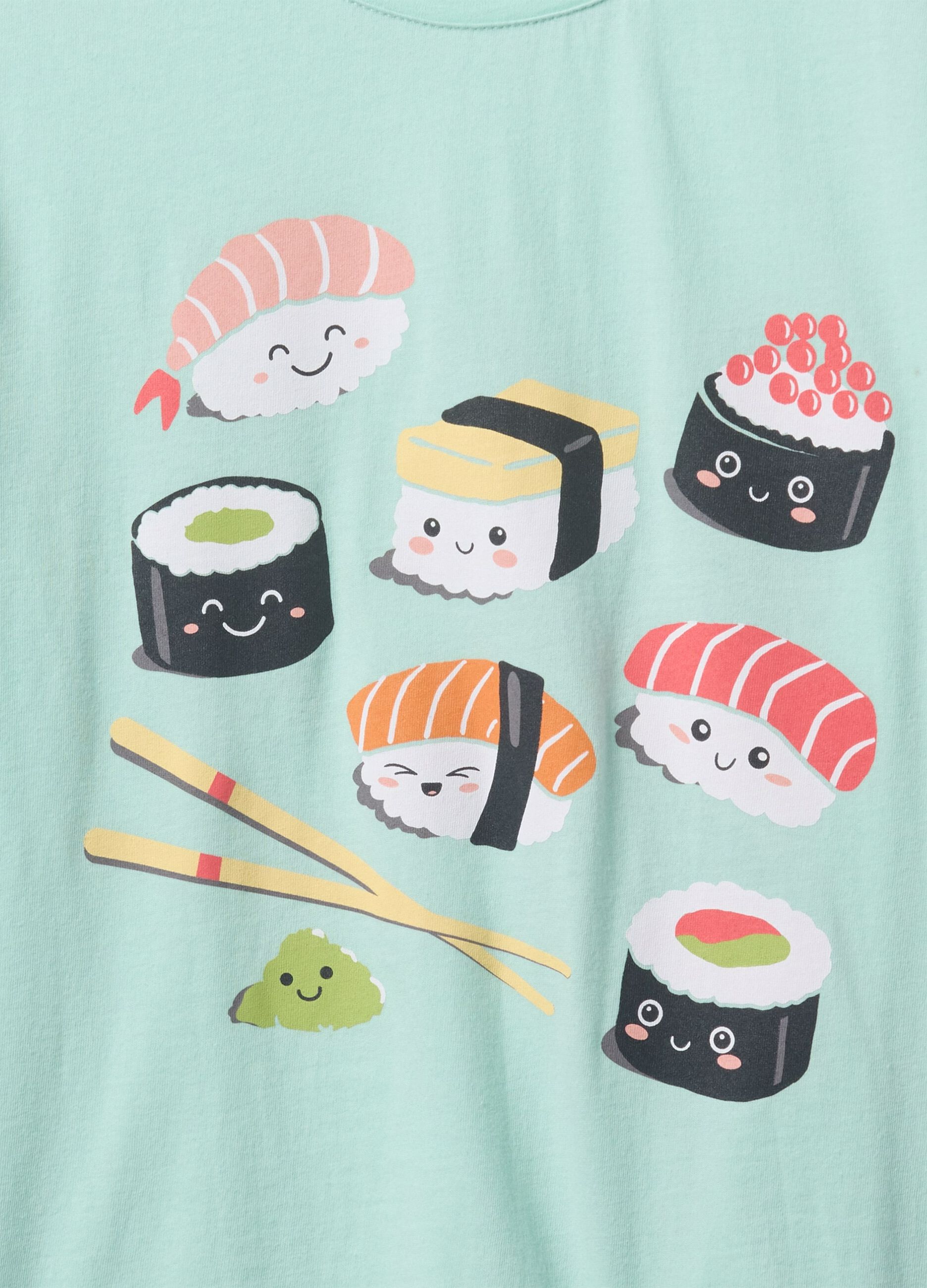 T-shirt verde in cotone con stampa sushi_3