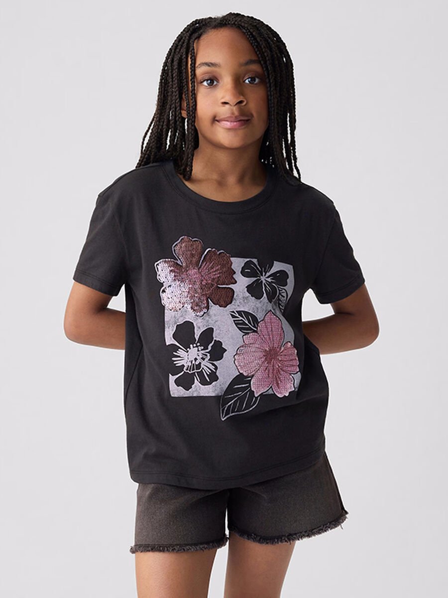 T-shirt nera con stampa floreale Bambina_0