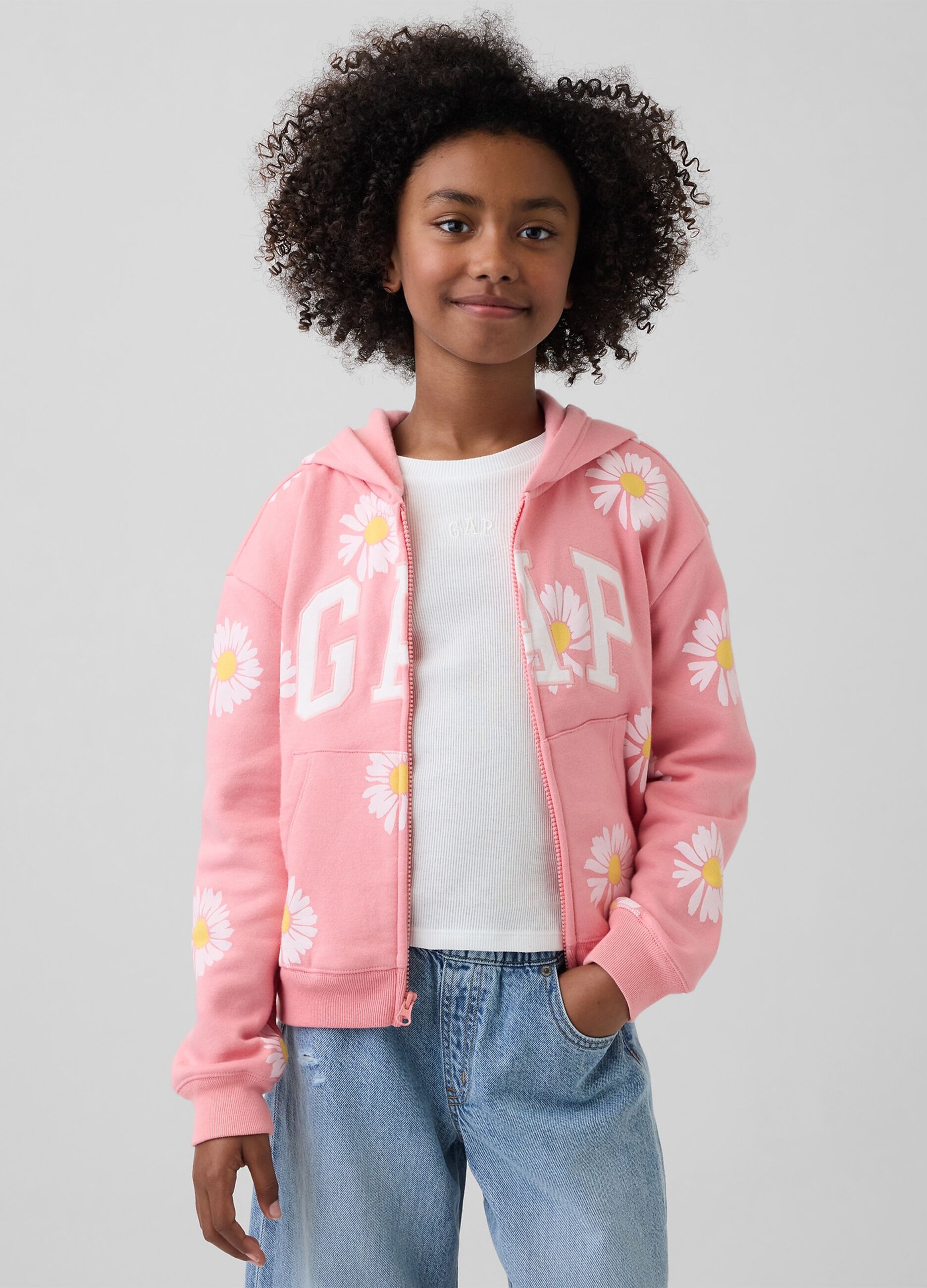 Girls' Pink Cotton Blend Sweatshirt with Daisies