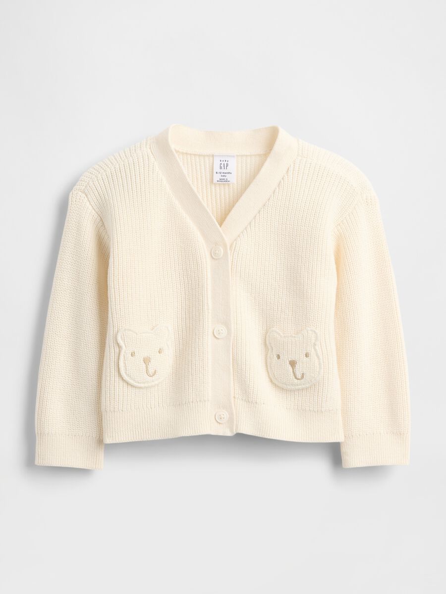 Cardigan bianco unisex in cotone con tasche orsetto Neonato_0