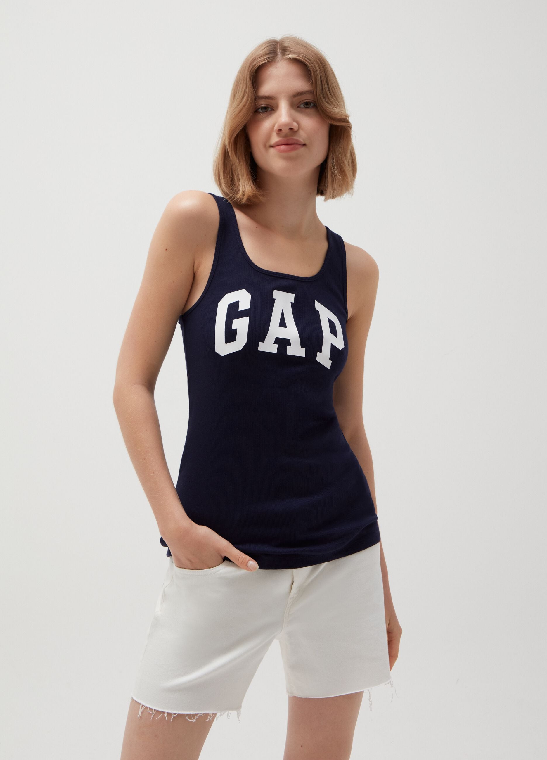 Tank top a costina con stampa logo
