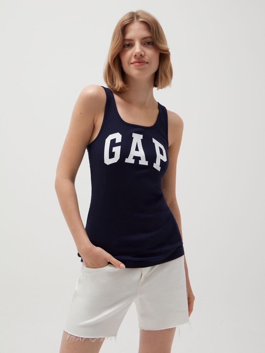 Tank top a costina con stampa logo Donna_0