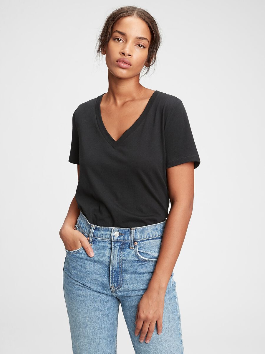 T-shirt in cotone con scollo a V Donna_0