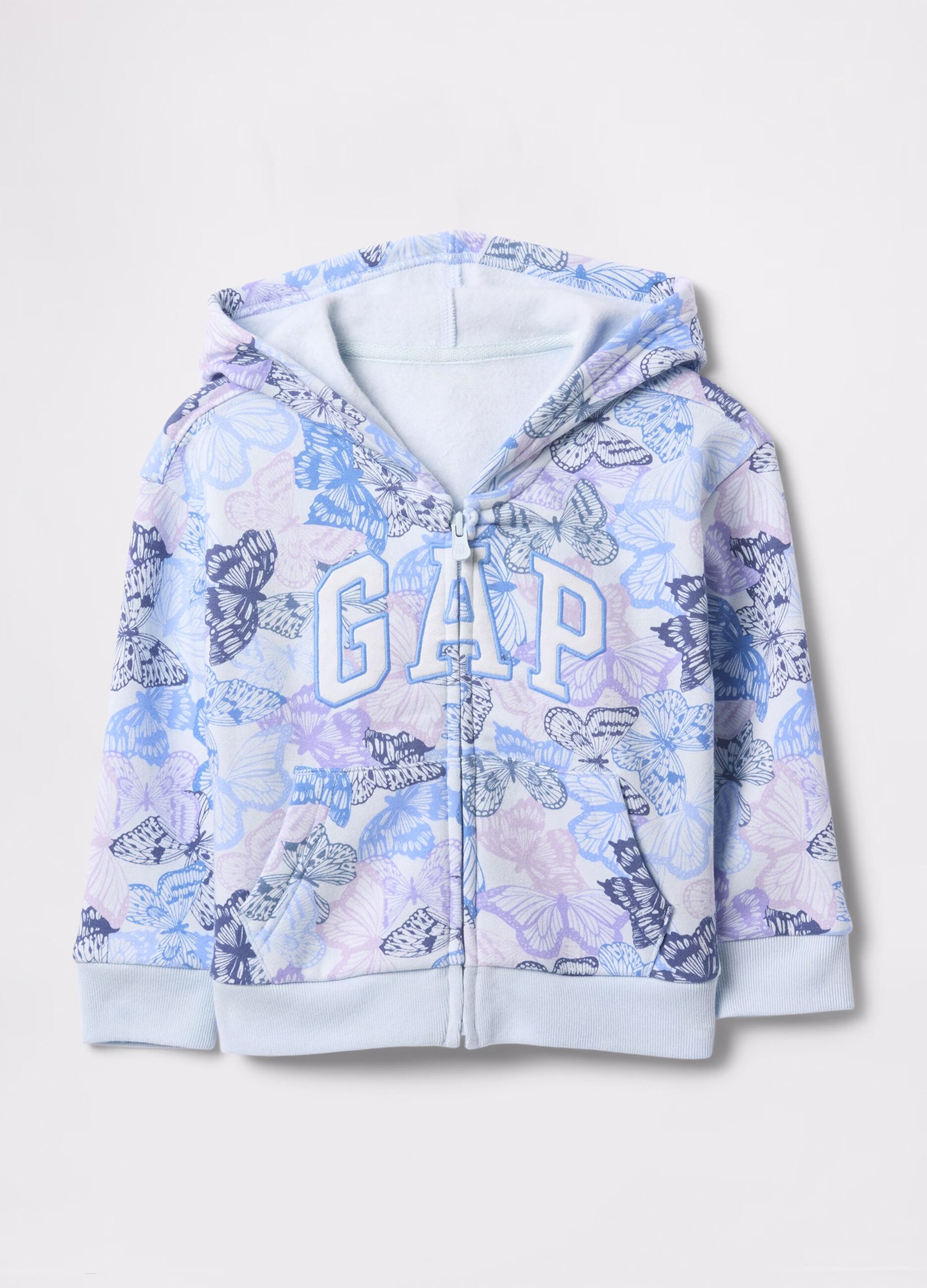 Full-zip azzurra con cappuccio stampa farfalle e ricamo logo