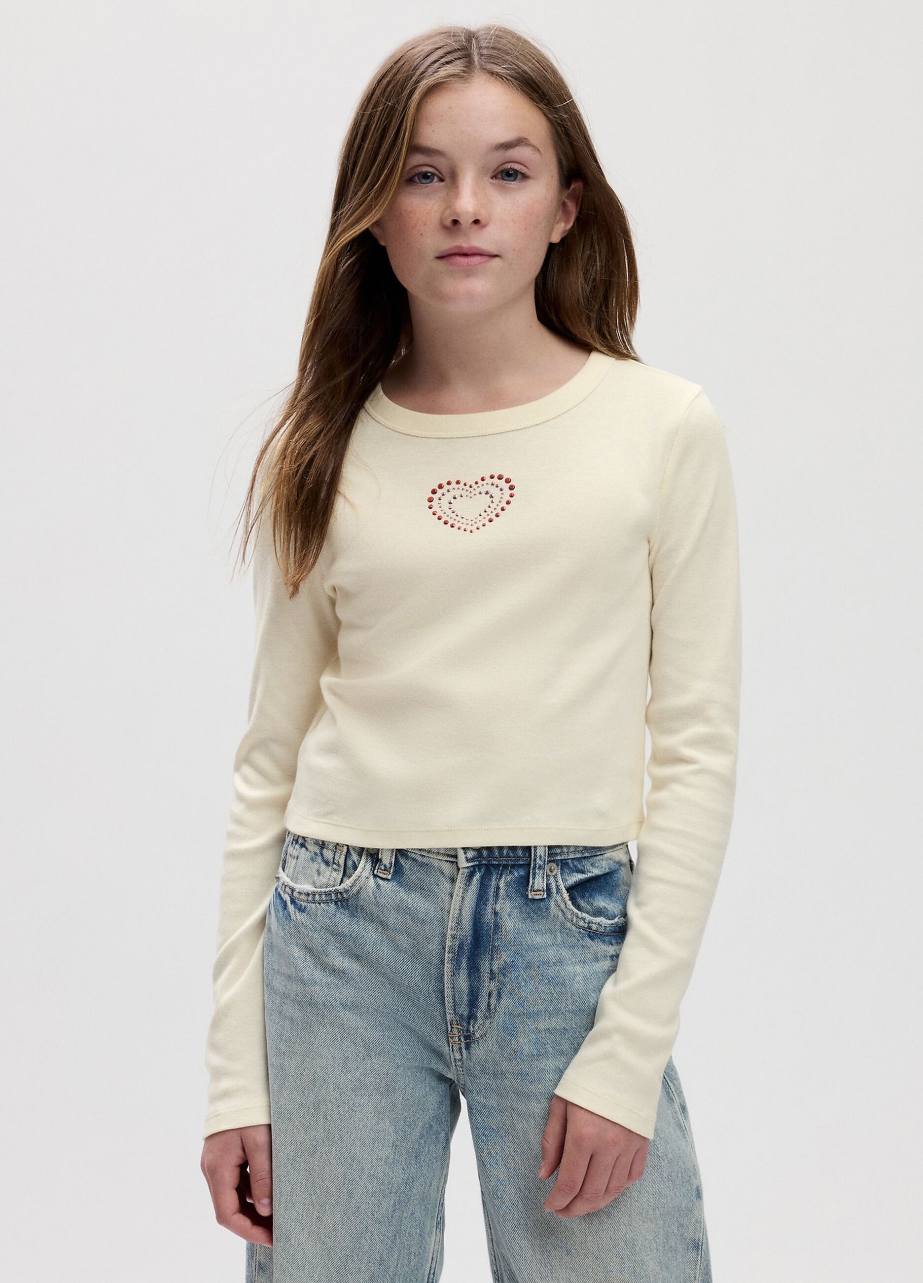 Long-sleeved T-shirt with diamanté hearts