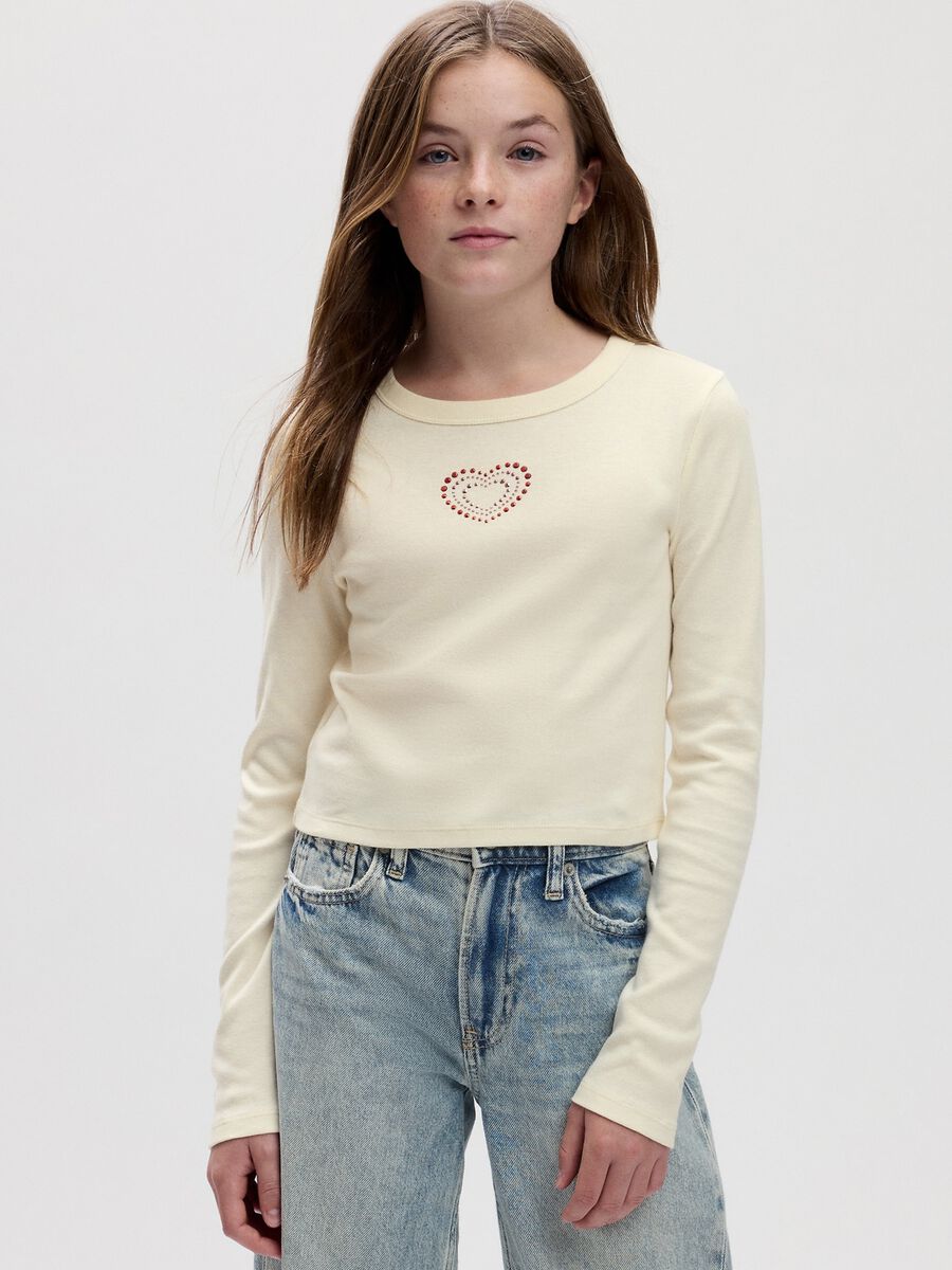 Long-sleeved T-shirt with diamanté hearts Girl_0