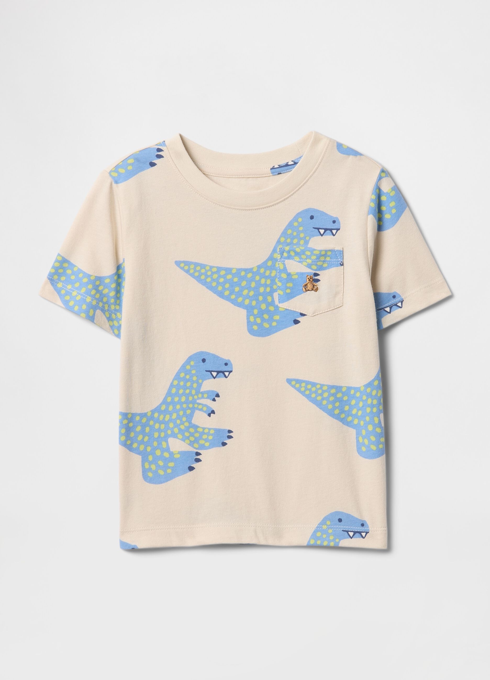 T-shirt beige con fantasia dinosauri azzurri