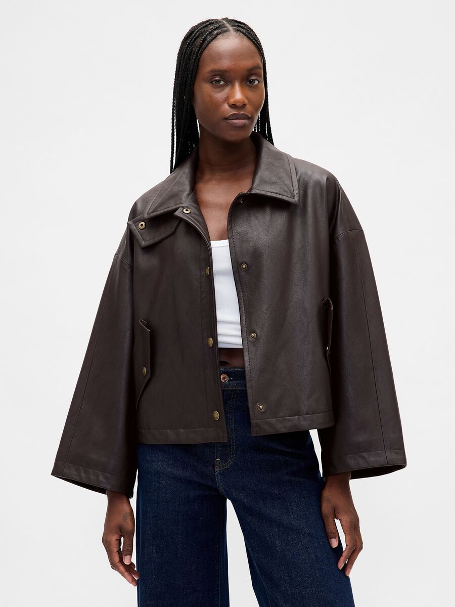 Brown Faux Leather Jacket Woman_0