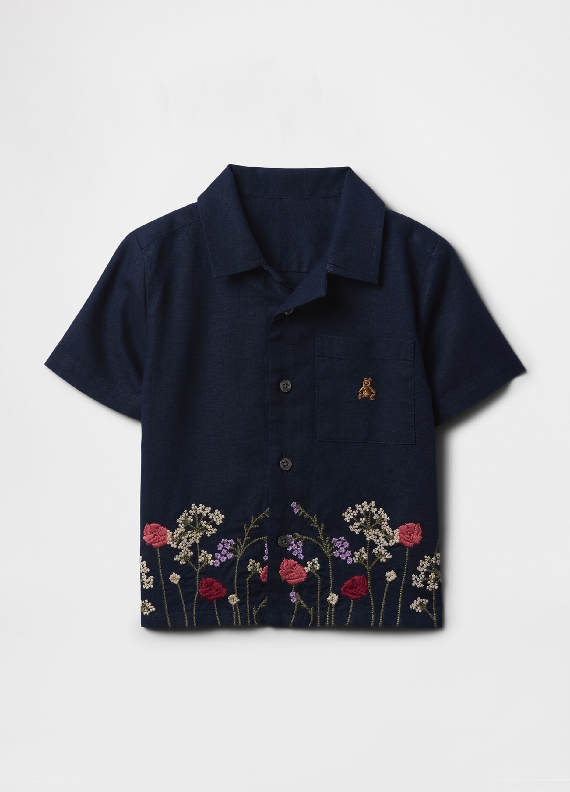 Camicia a maniche corte blu navy con ricami floreali_1