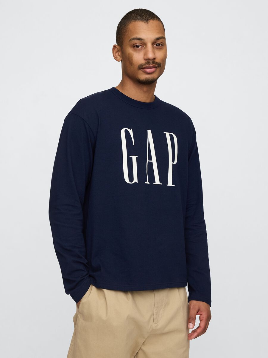 T-shirt a maniche lunghe in cotone blu con logo Gap Uomo_0