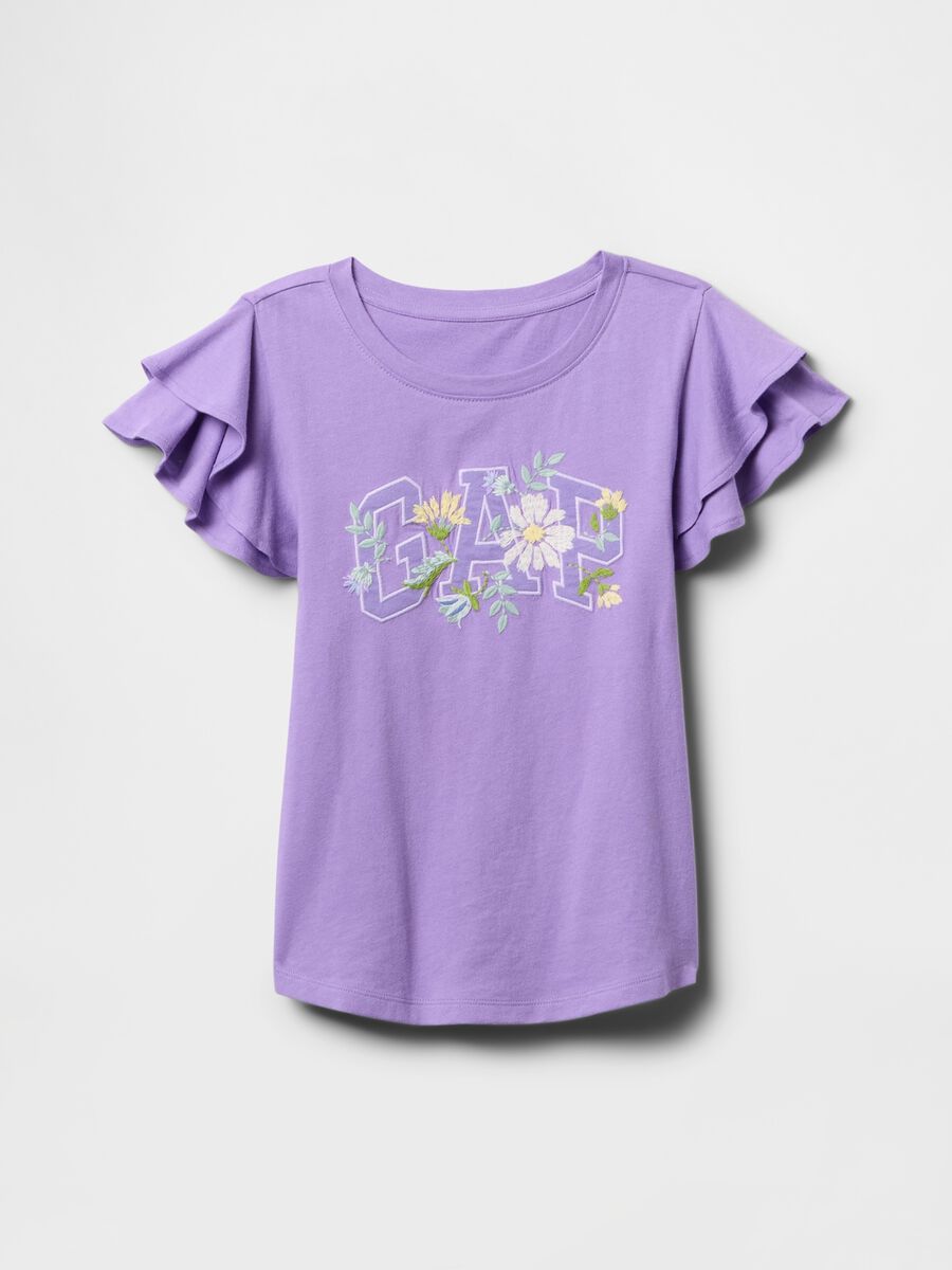 T-shirt viola a maniche corte con volant e logo GAP Bambina_3