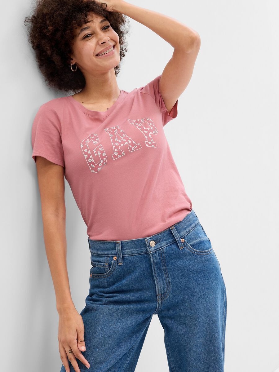 T-shirt con stampa logo e fiorellini Donna_0