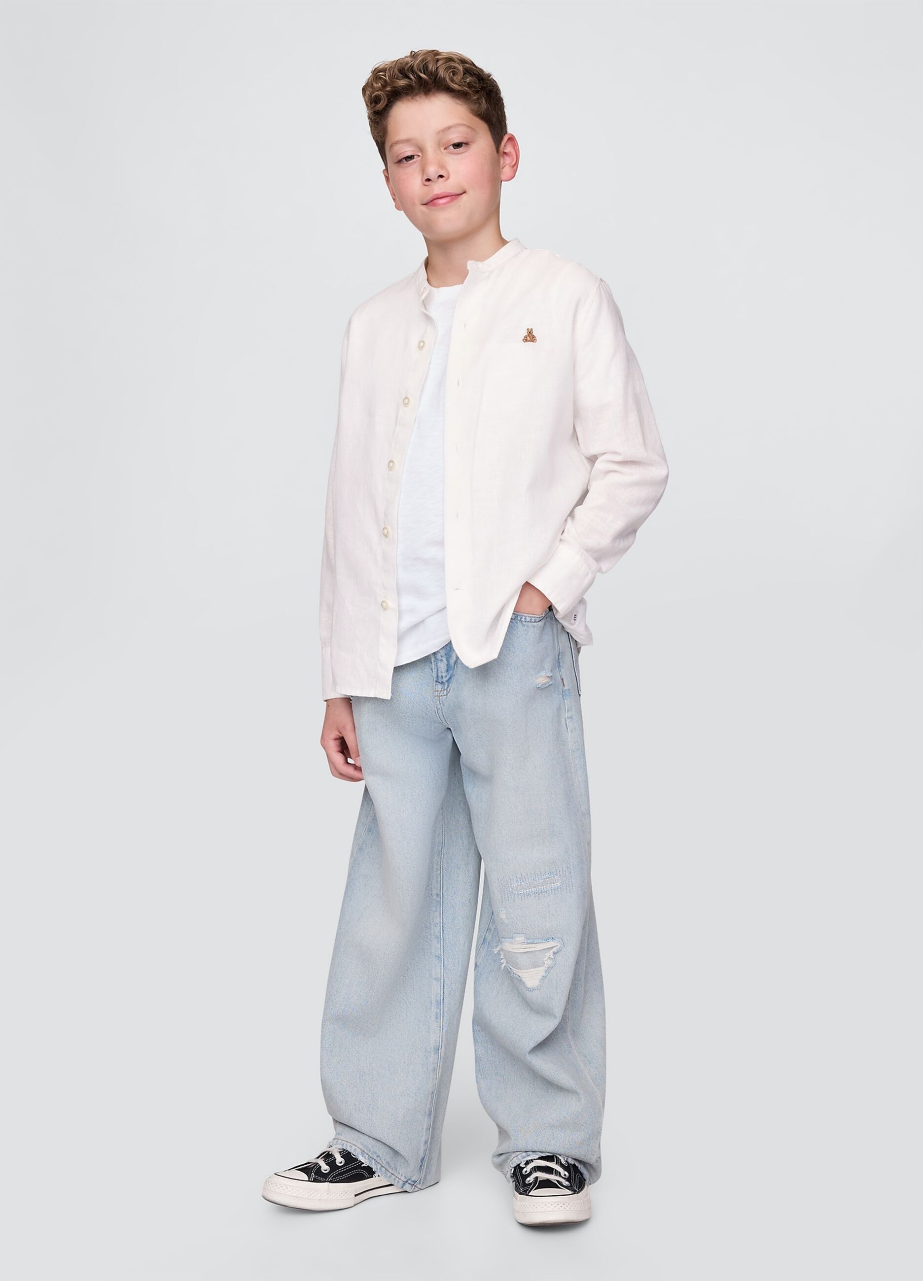 Camicia bianca a maniche lunghe in lino e cotone GAP Kids_1