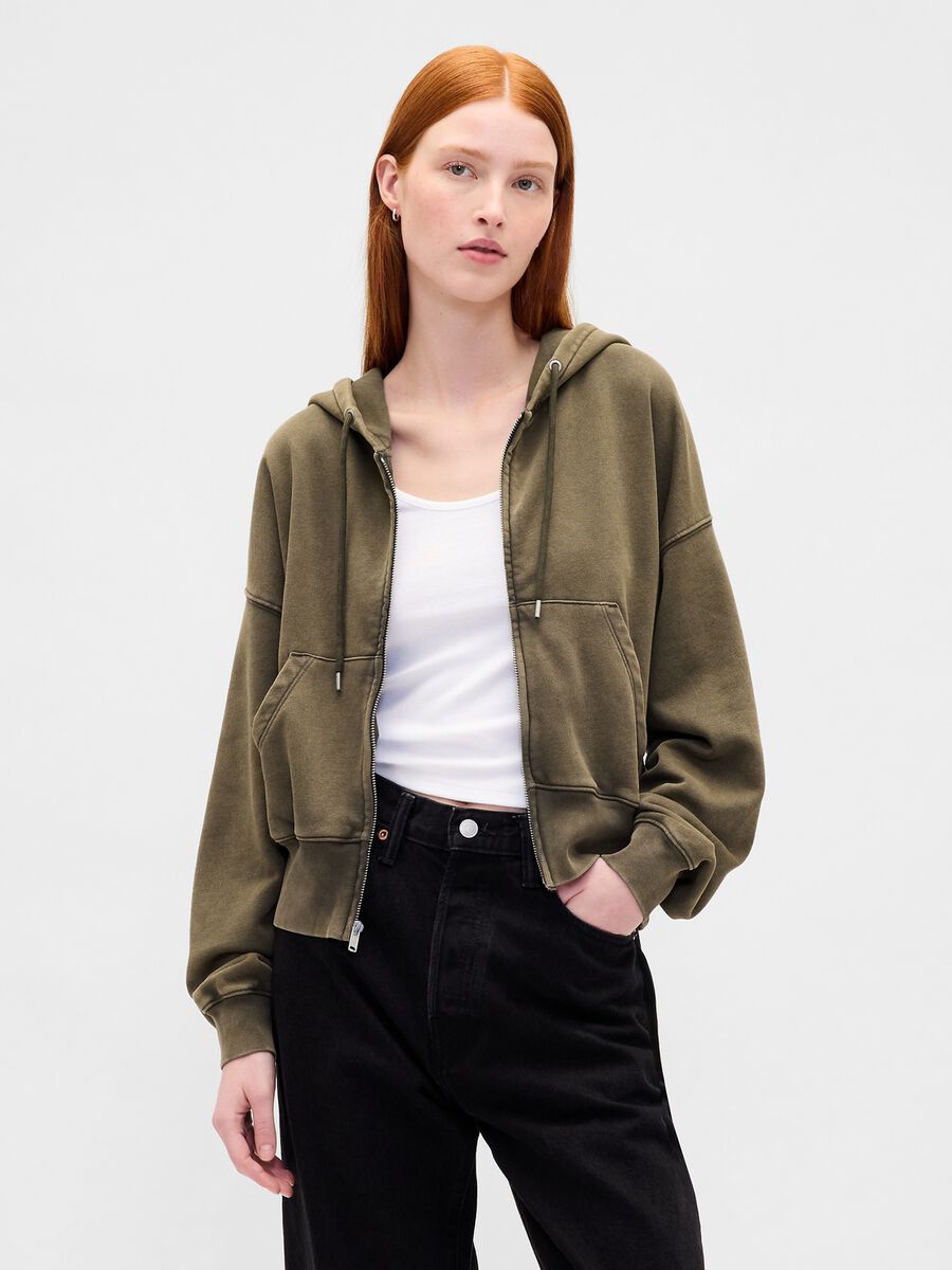 Felpa verde con cappuccio e zip Donna_1