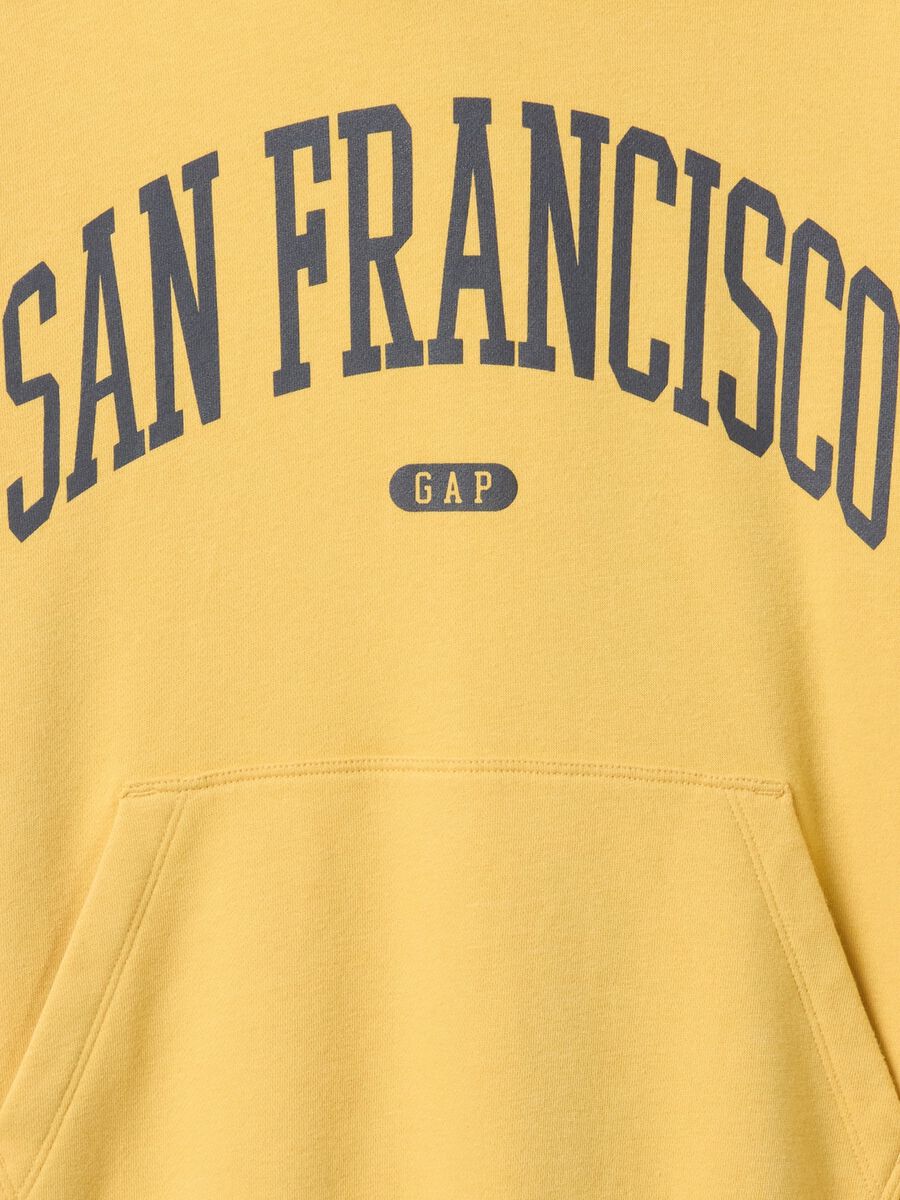 Yellow cotton sweatshirt with hood and print Unisex_5