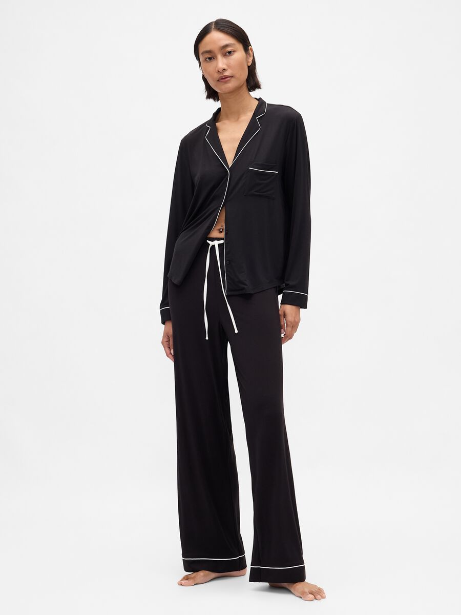 Top pigiama a manica lunga con piping a contrasto Donna_1