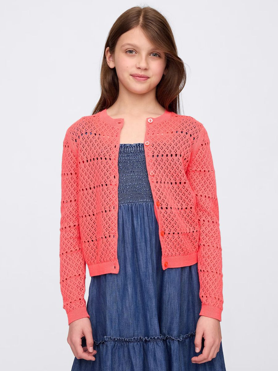 Cardigan traforato rosa in cotone Bambina_0