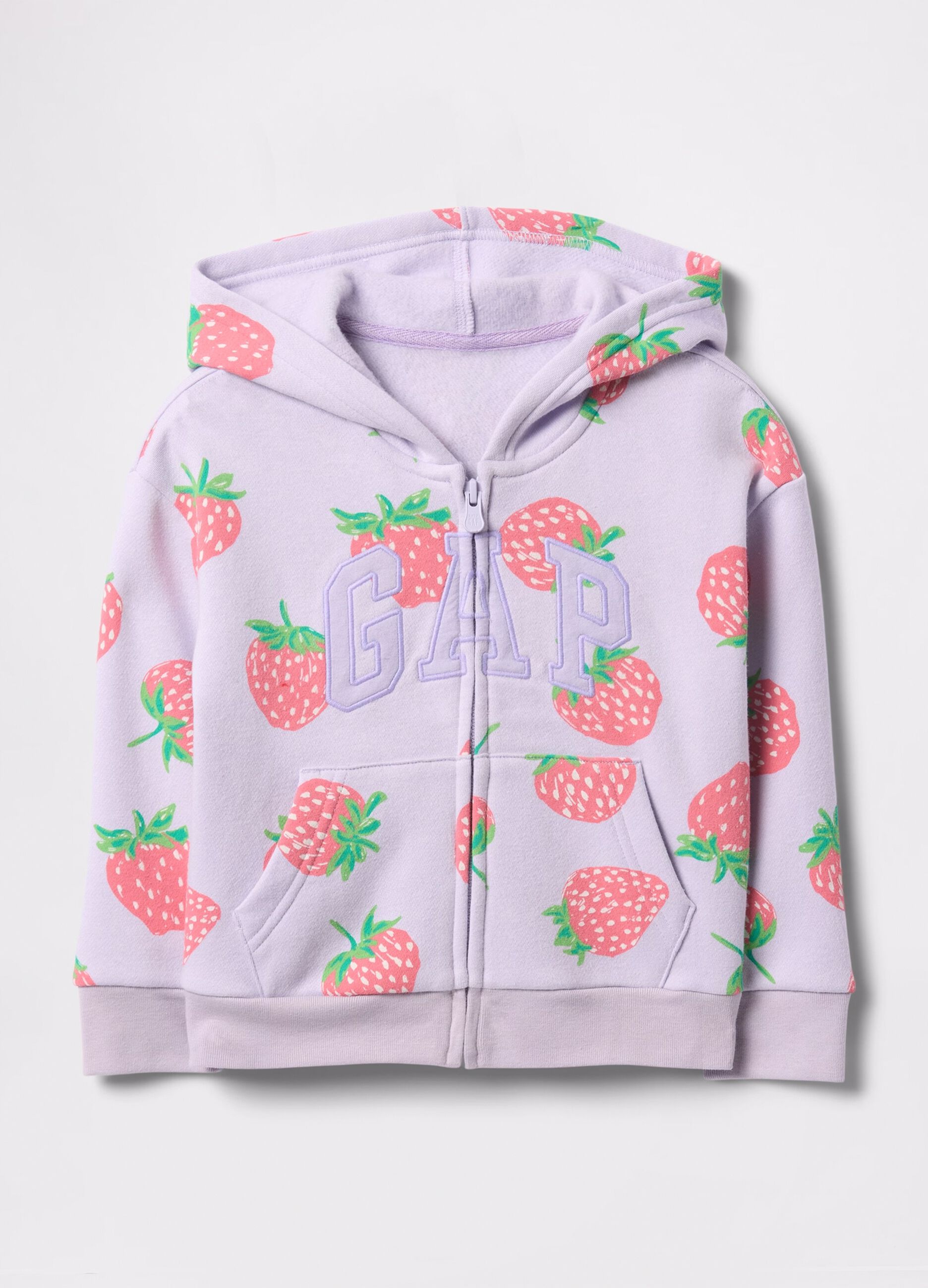 Full-zip viola con cappuccio stampa fragole e ricamo logo