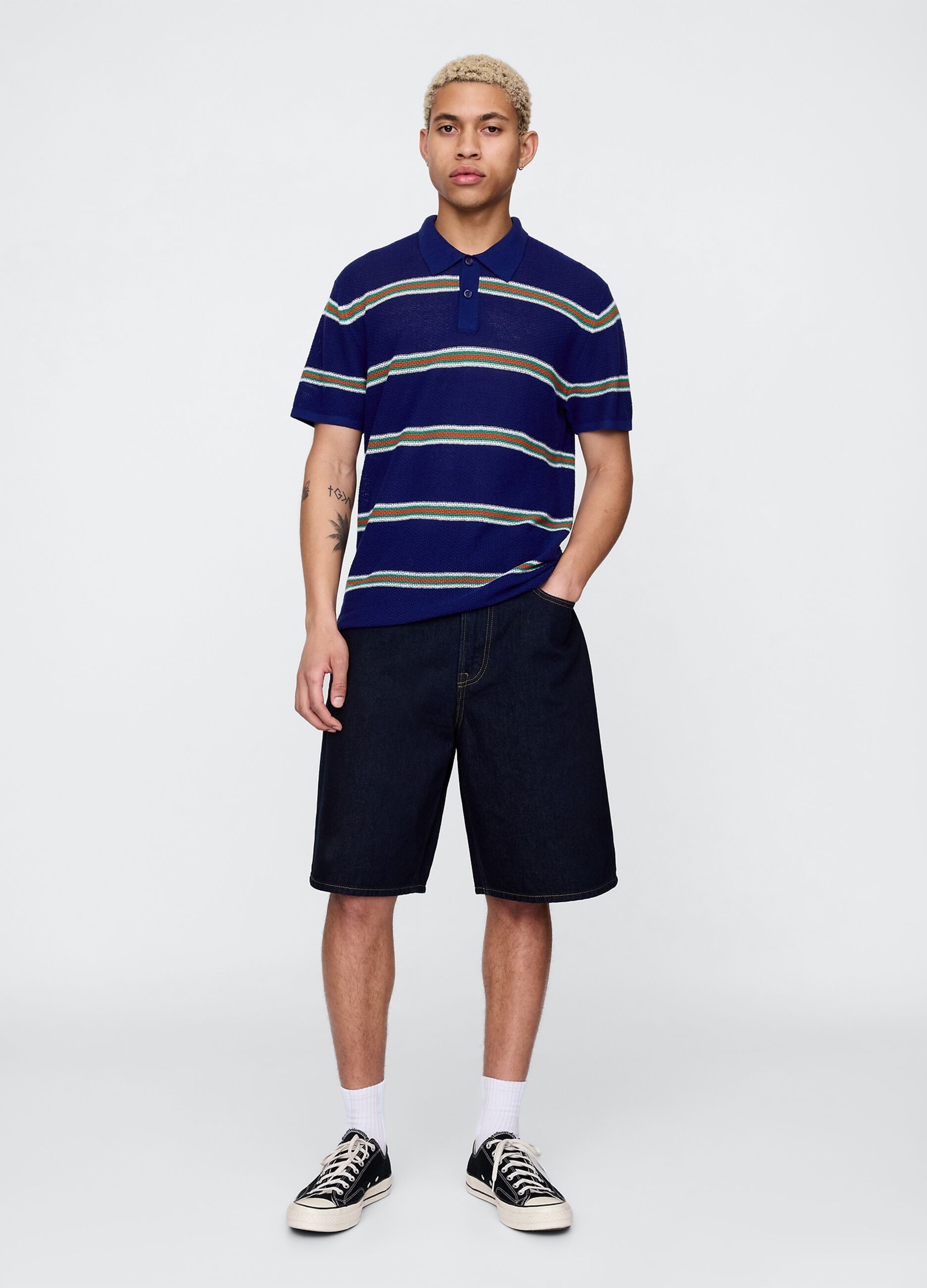 Polo a righe blu in misto cotone_1