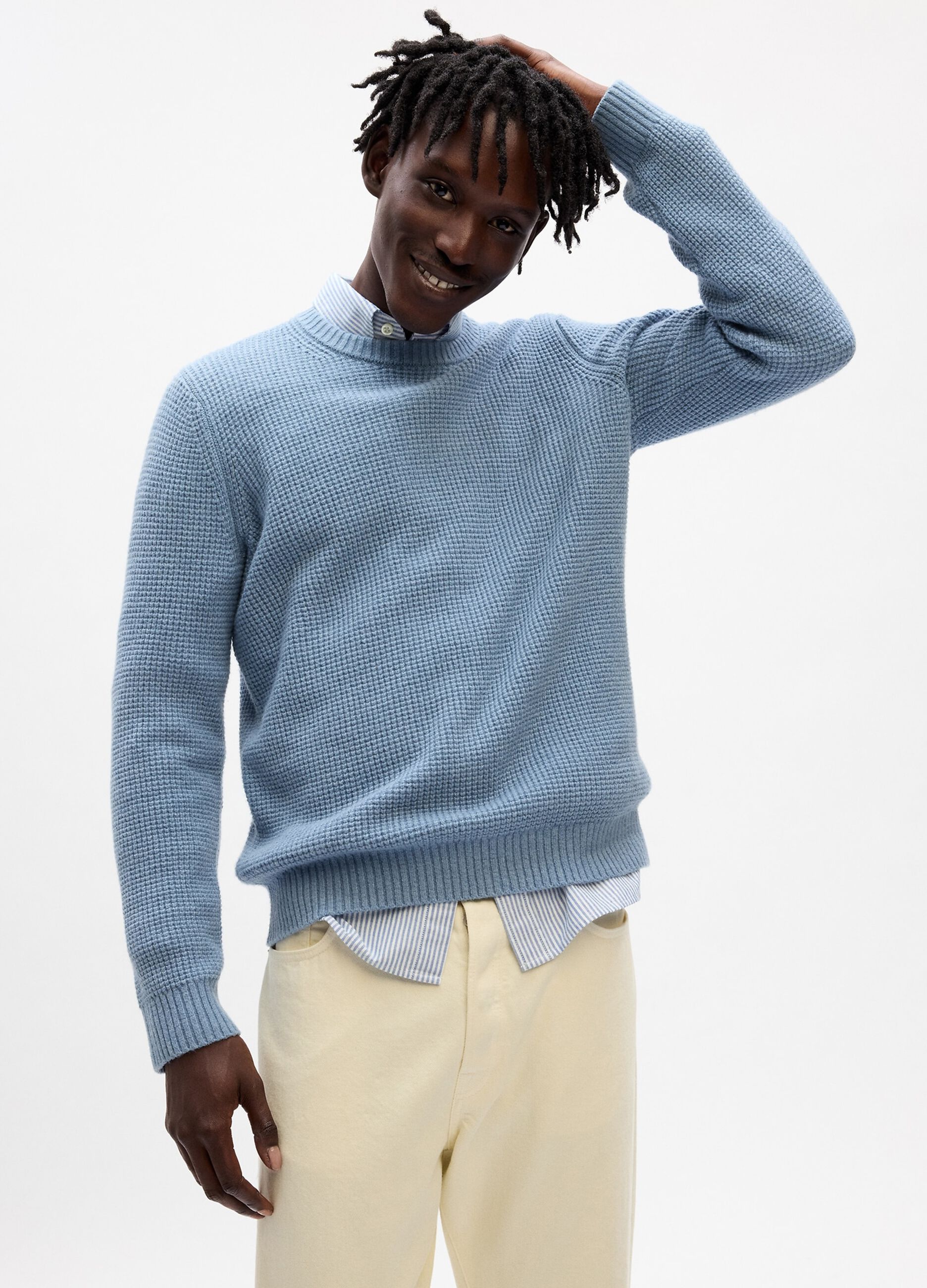 Crew-neck pullover with waffle texture