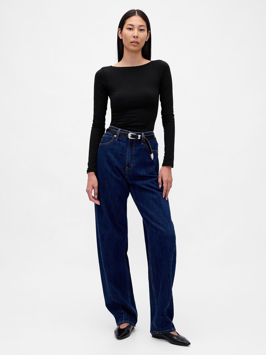 Maglia nera a maniche lunghe elasticizzata Donna_0