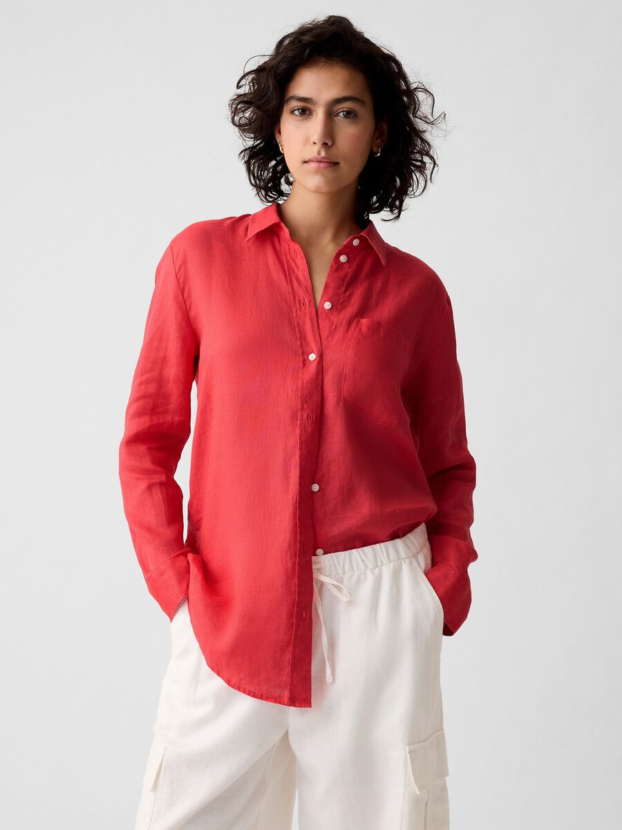 Camicia boyfriend fit in lino con tasca Donna_0