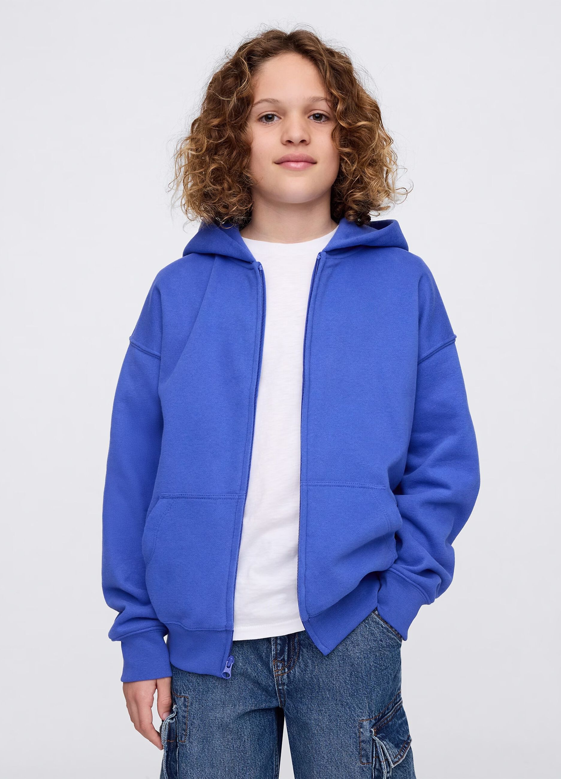 Full-zip blu in cotone con cappuccio