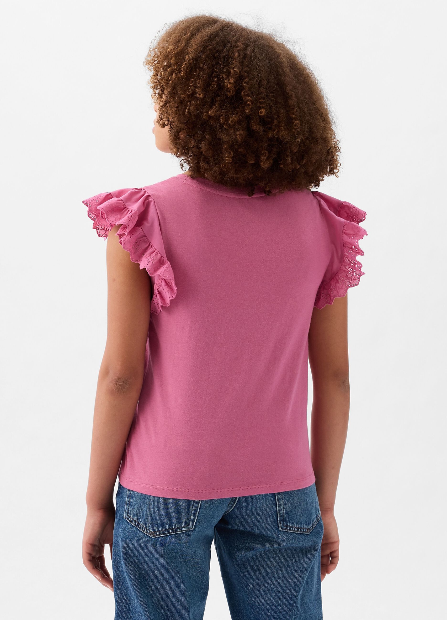 Cotton T-shirt with broderie anglaise flounces_3