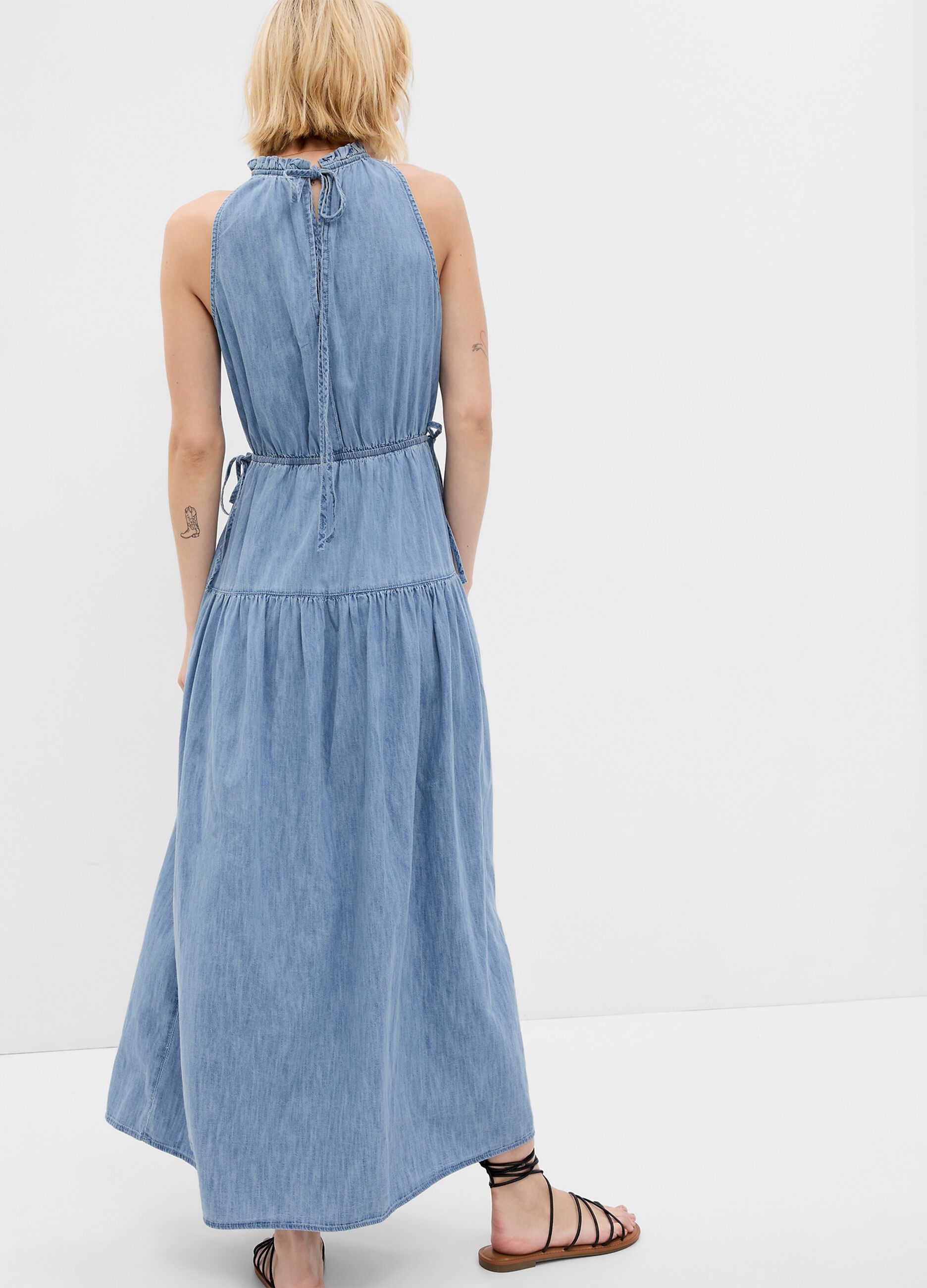 Abito lungo in denim scollo all'americana_1