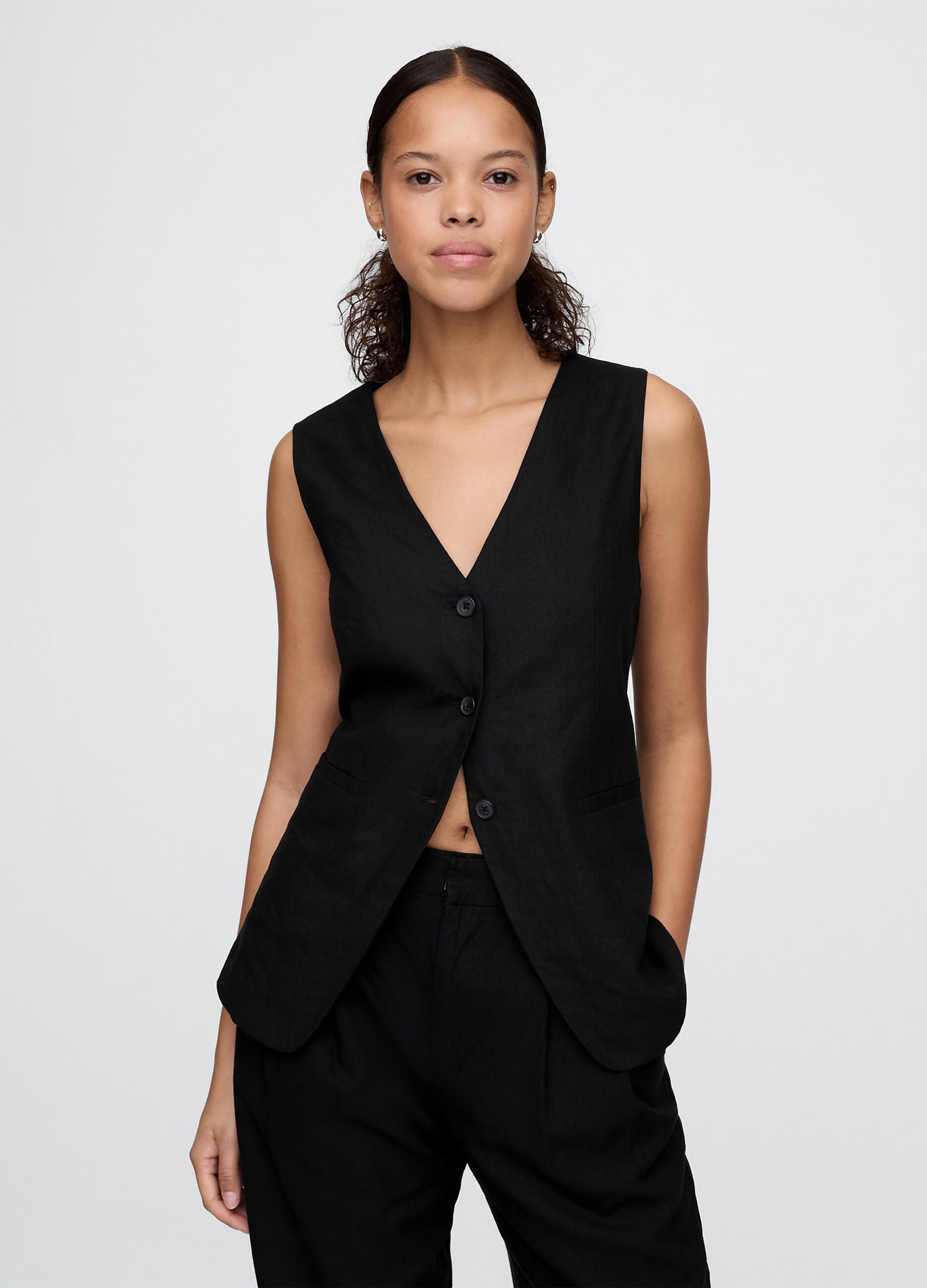 Gilet nero in lino e viscosa