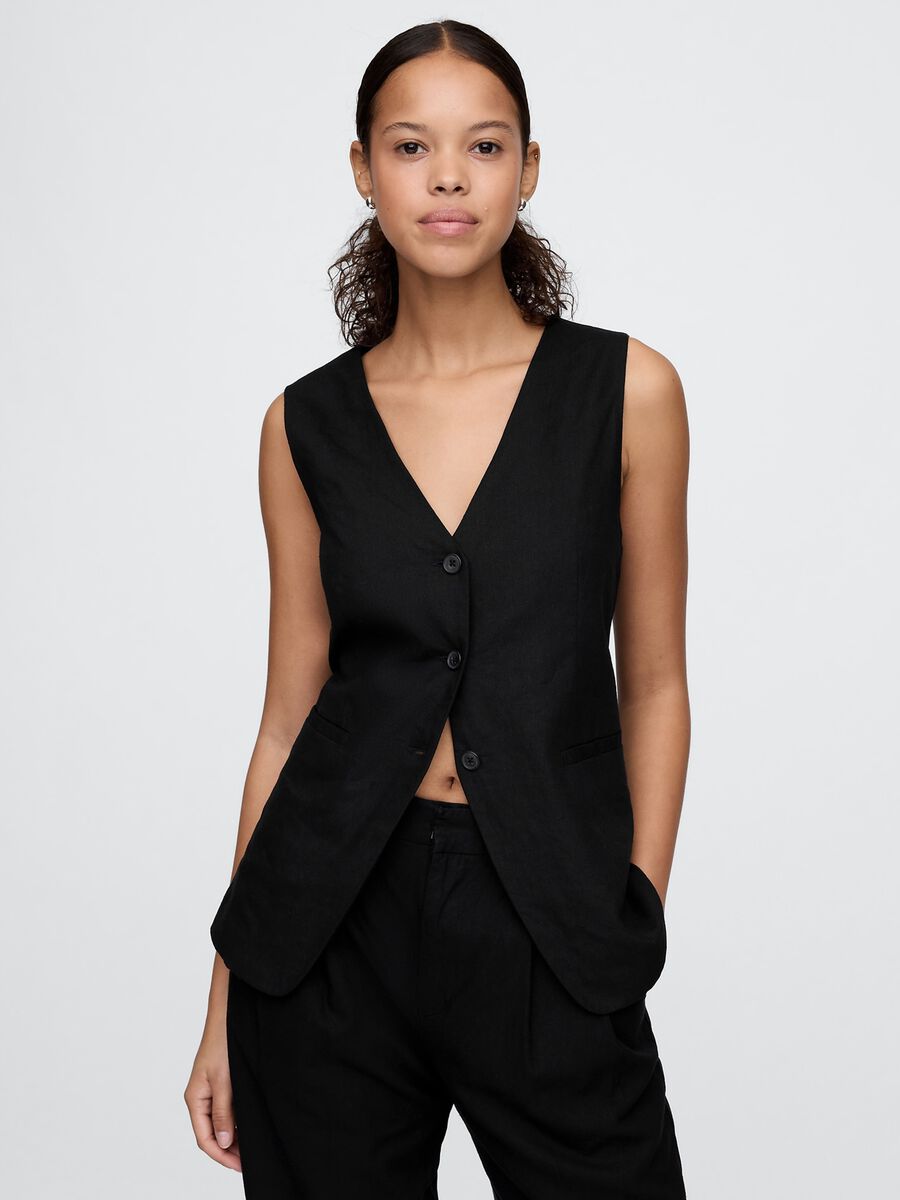 Gilet nero in lino e viscosa Donna_0