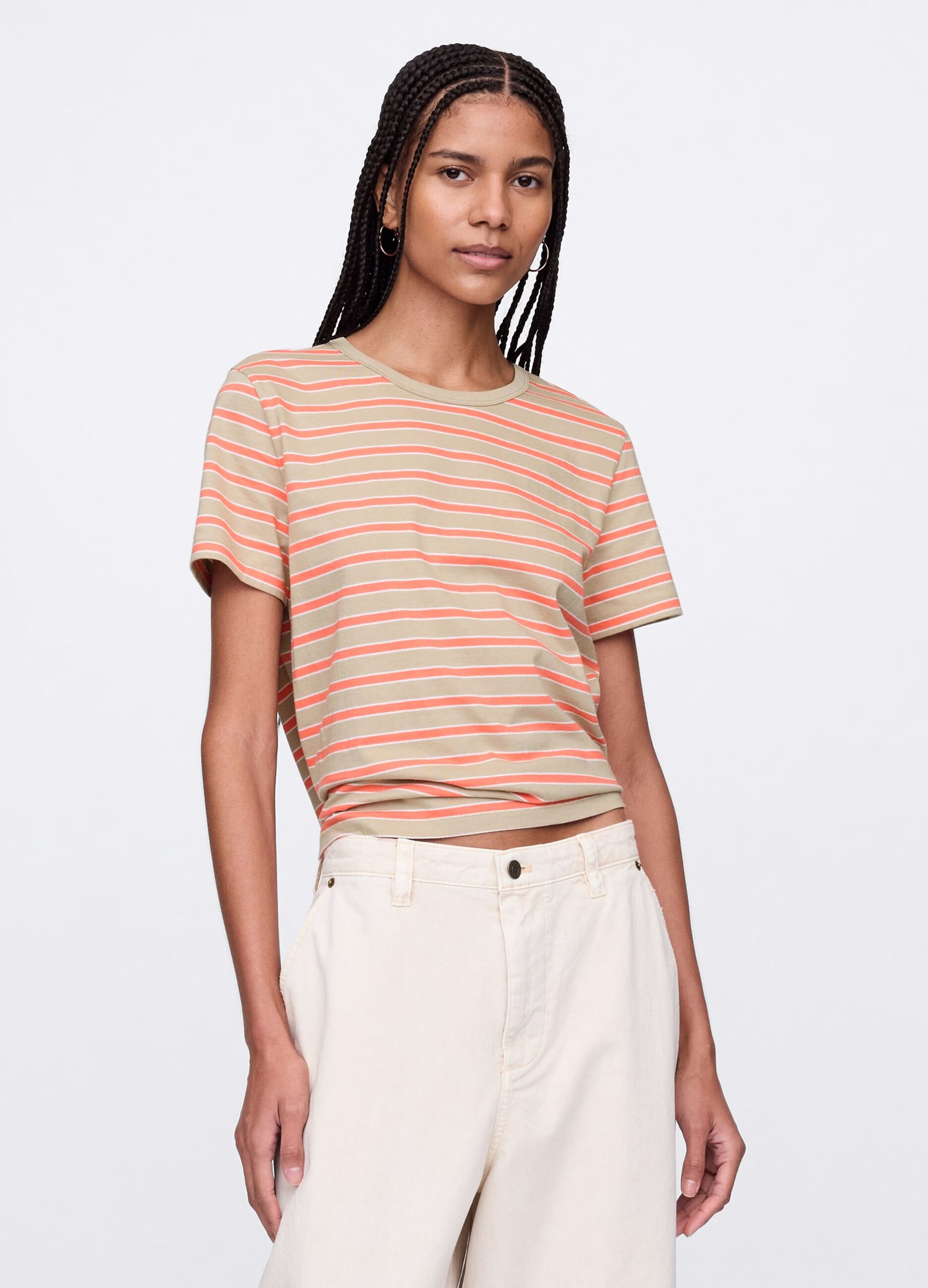 T-shirt a righe arancioni e beige in cotone