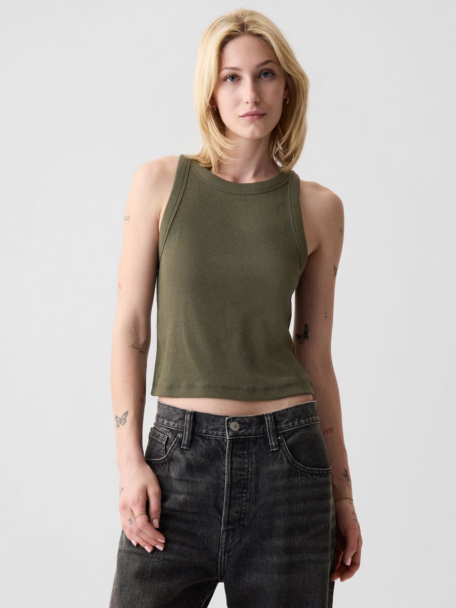 Tank top crop a costine con scollo halter Donna_0