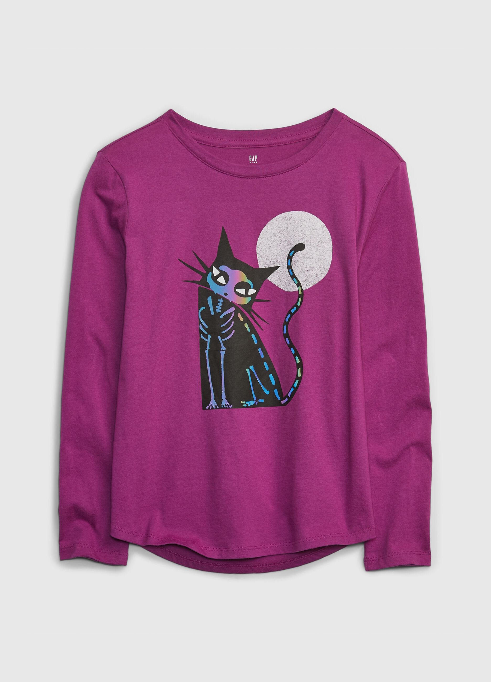 Skeleton cat print long-sleeved T-shirt