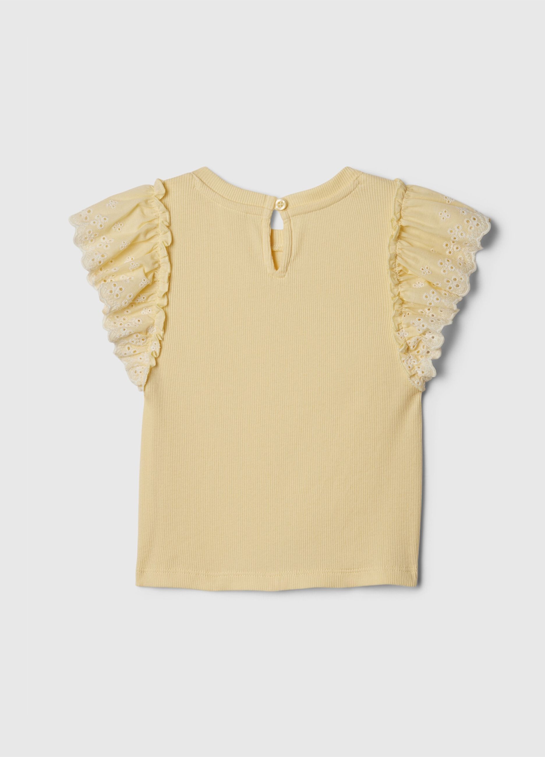 Ribbed T-shirt with flounce in broderie anglaise_1
