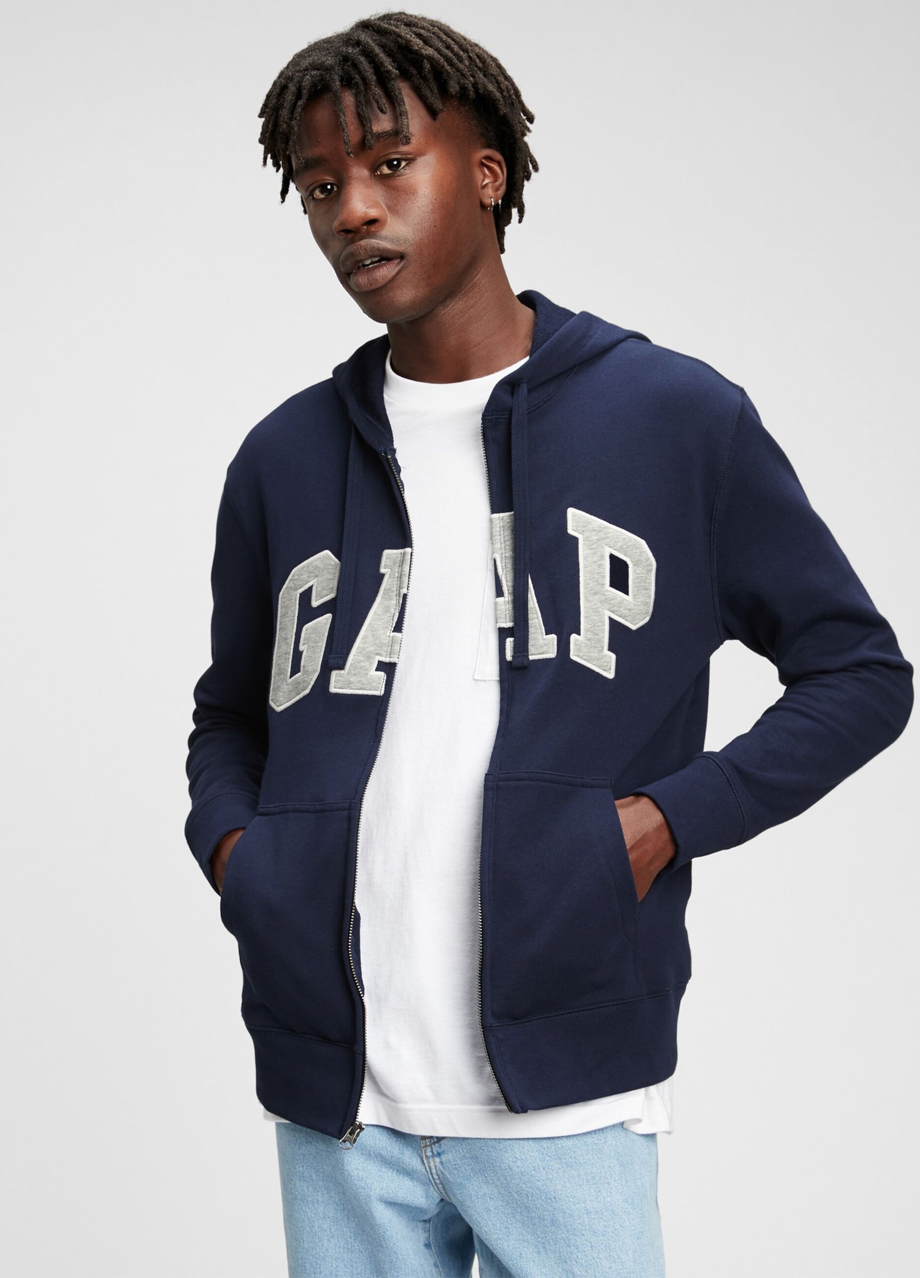 French terry full-zip hoodie with logo patch