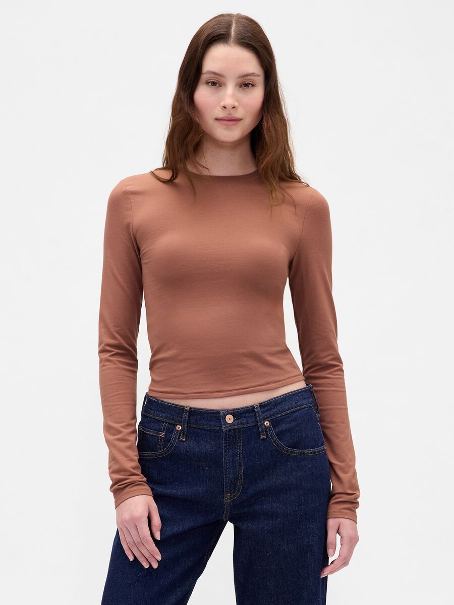 Maglia a maniche lunghe marrone elasticizzata Donna_0