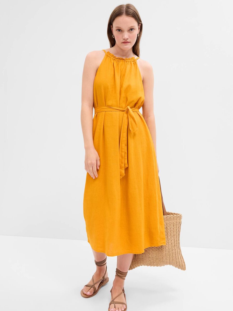 Abito midi in lino e viscosa scollo halter Donna_0