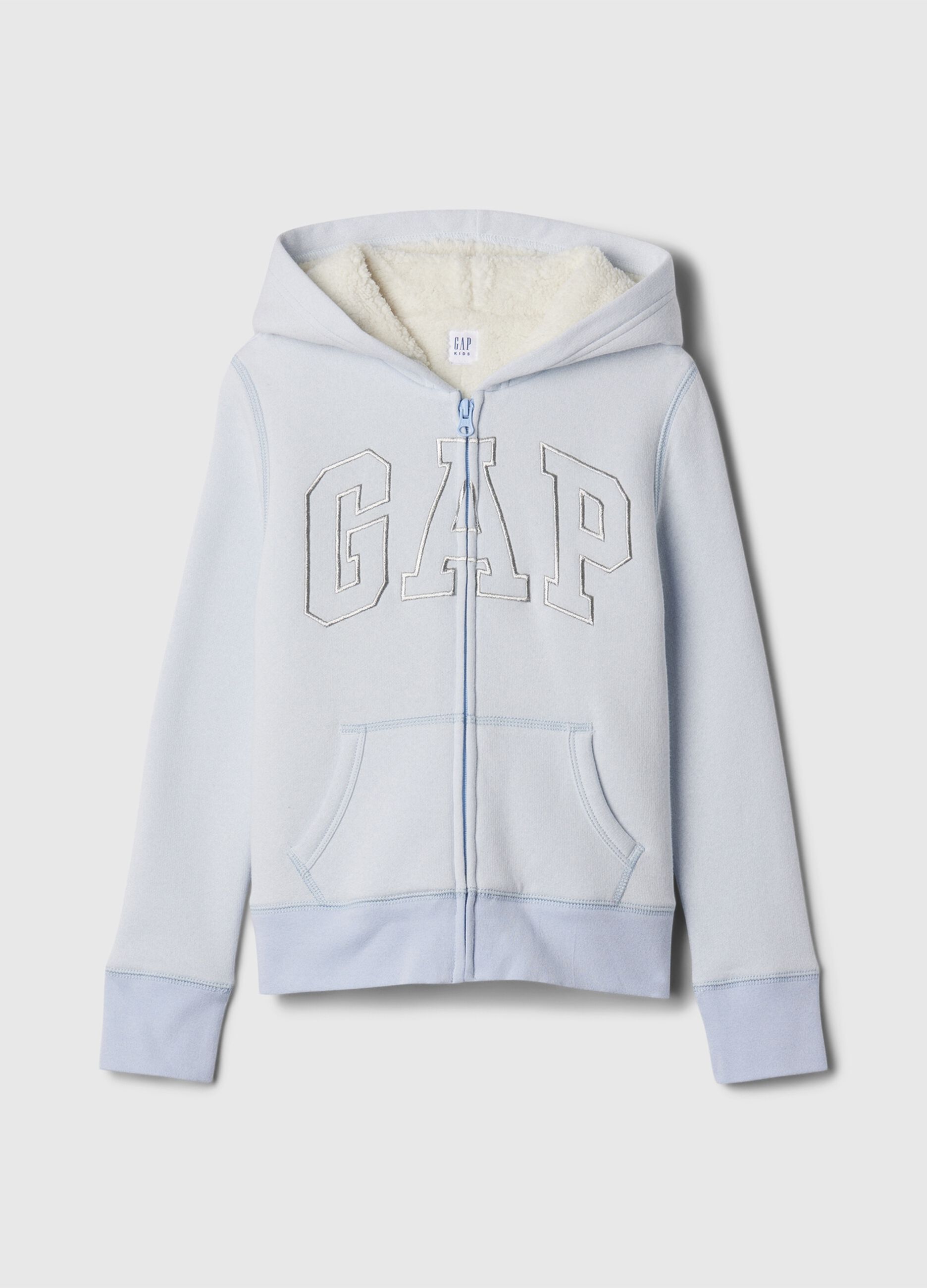 Full-zip sweatshirt and hood with sherpa lining