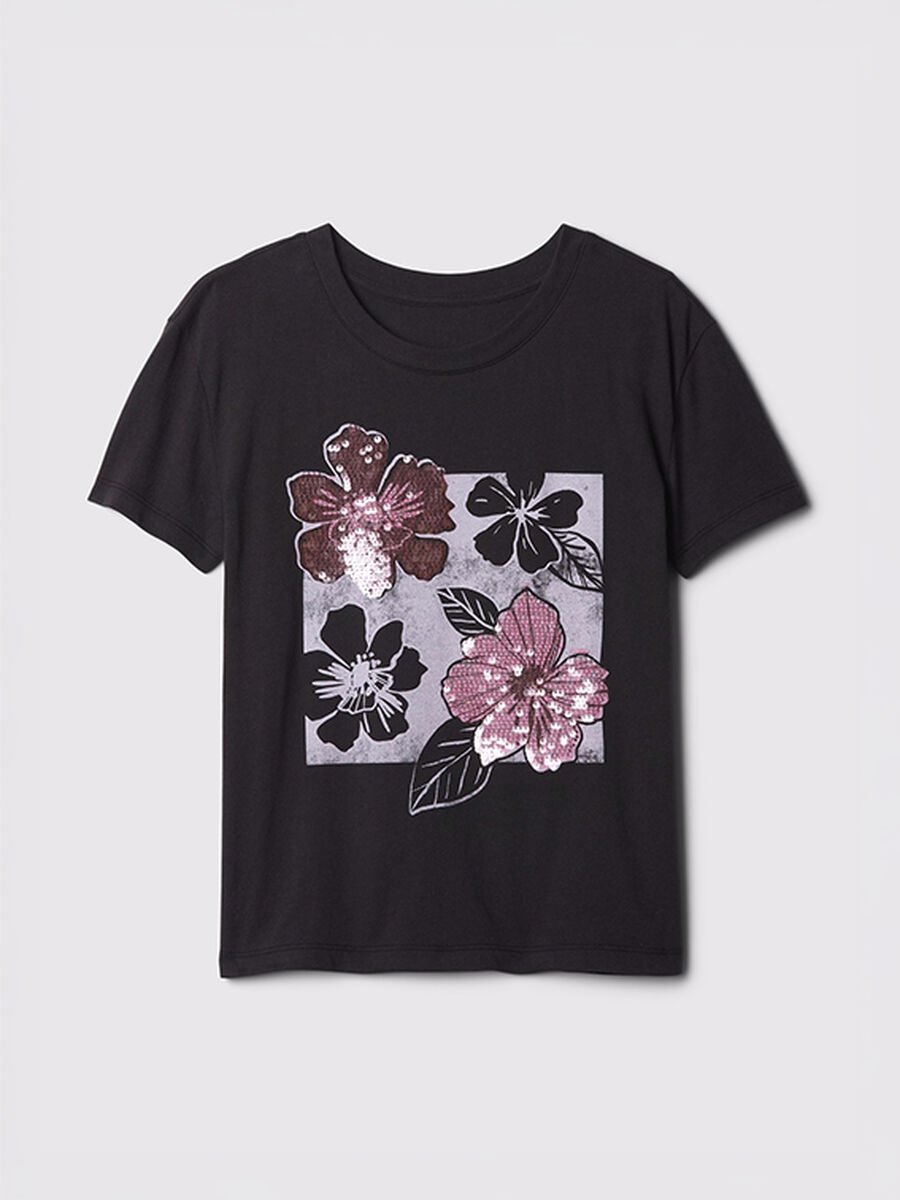 T-shirt nera con stampa floreale Bambina_3