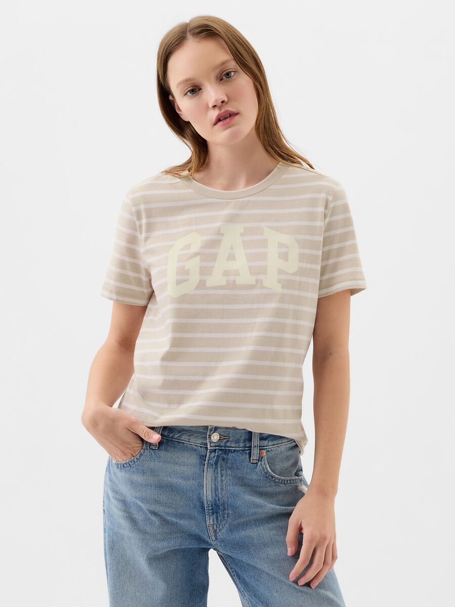 T-shirt a righe con stampa logo Donna_0