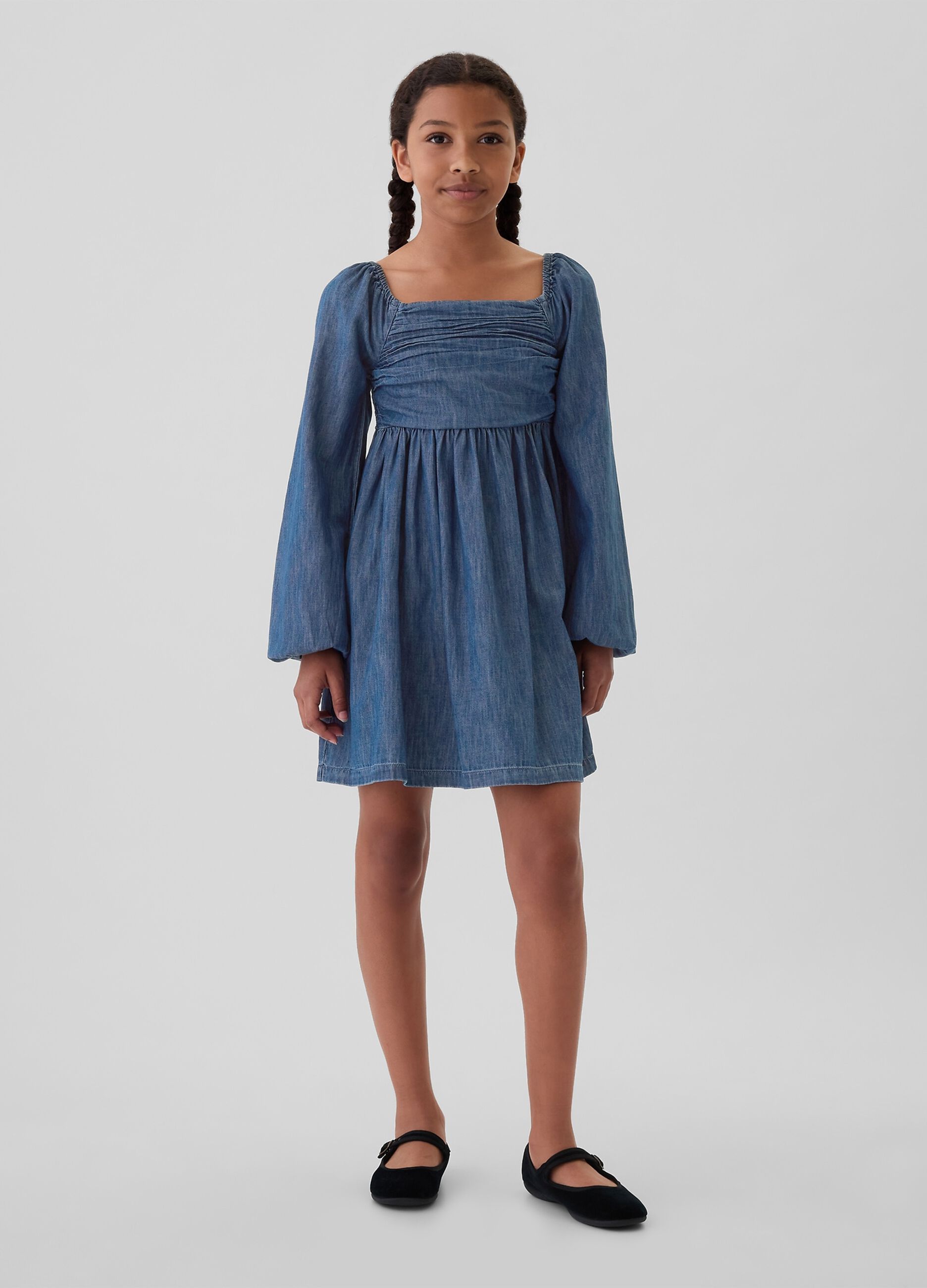 Vestito corto in denim con maniche a palloncino