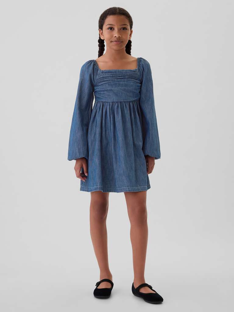 Vestito corto in denim con maniche a palloncino